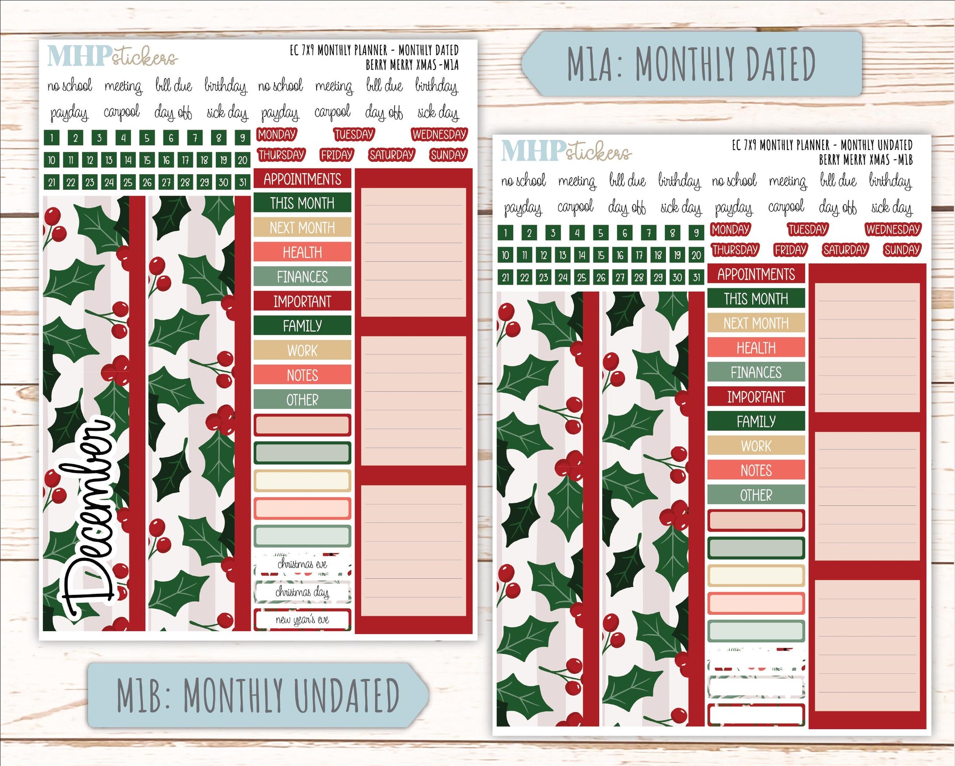 DECEMBER MONTHLY Kit for 7x9 Erin Condren Planners. 2025 Collection "Berry Merry Xmas" || ECM