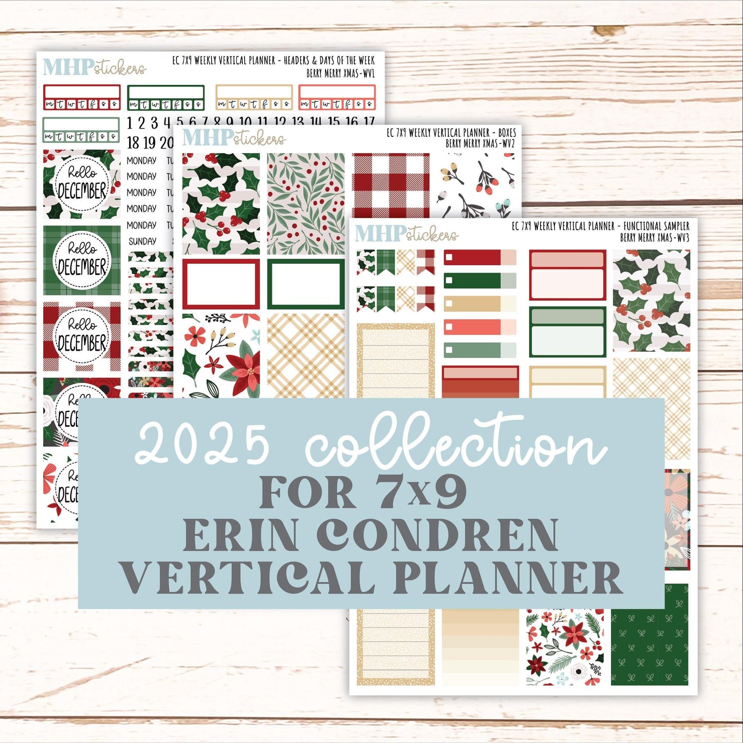 DECEMBER Weekly Vertical Kits for 7x9 Erin Condren Planners. "Berry Merry Xmas" || ECWV