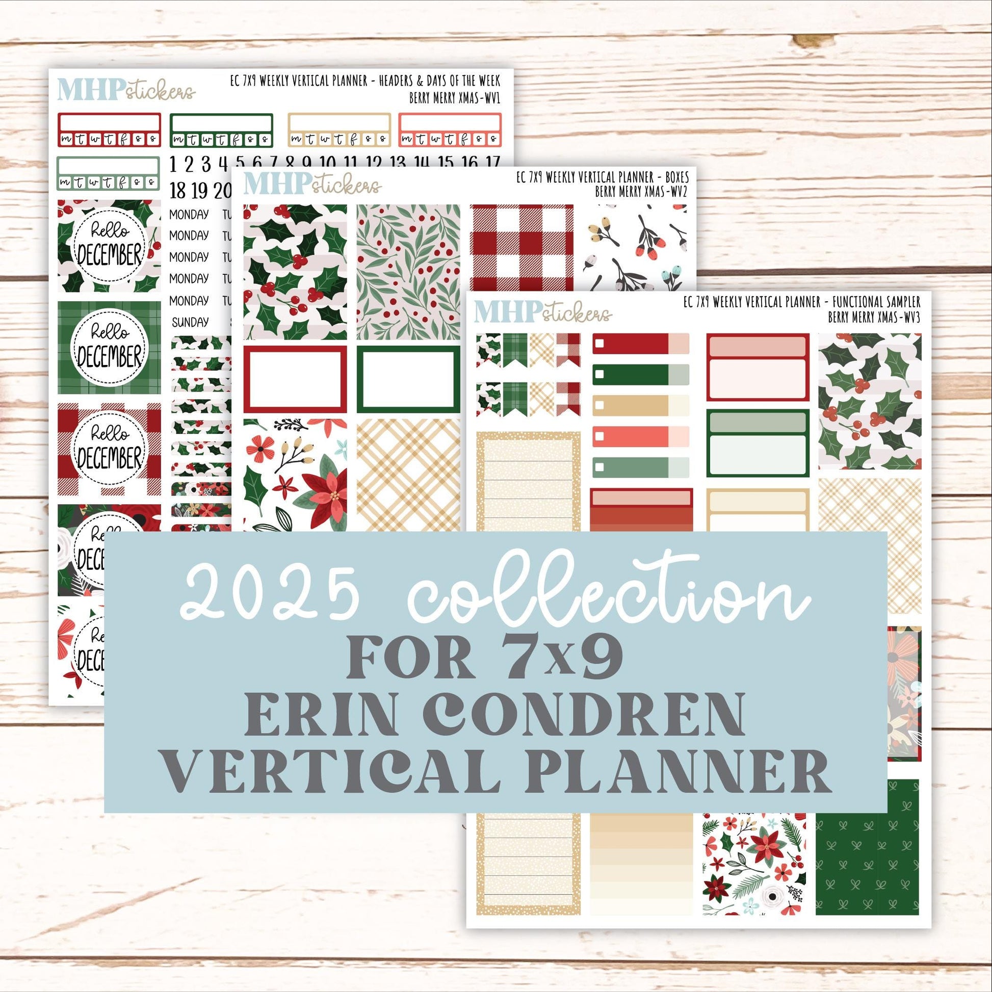 DECEMBER Weekly Vertical Kits for 7x9 Erin Condren Planners. "Berry Merry Xmas" || ECWV