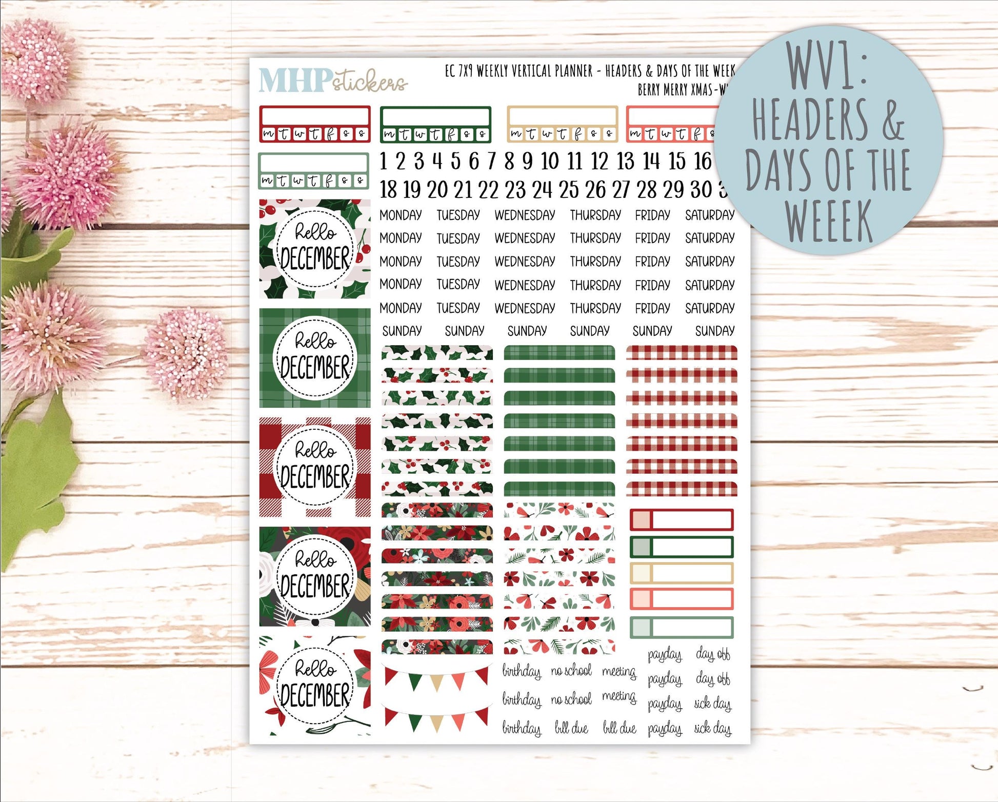 DECEMBER Weekly Vertical Kits for 7x9 Erin Condren Planners. "Berry Merry Xmas" || ECWV