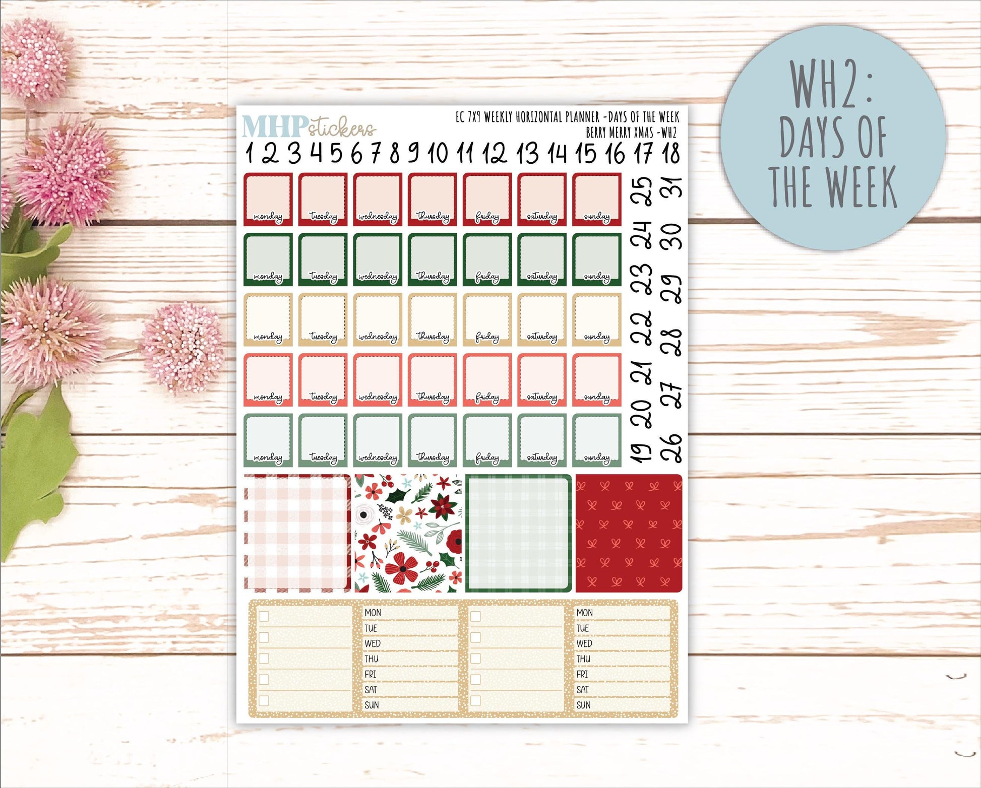 DECEMBER Weekly Horizontal Planning Kit for 7x9 Erin Condren Planners. "Berry Merry Xmas" || ECWH