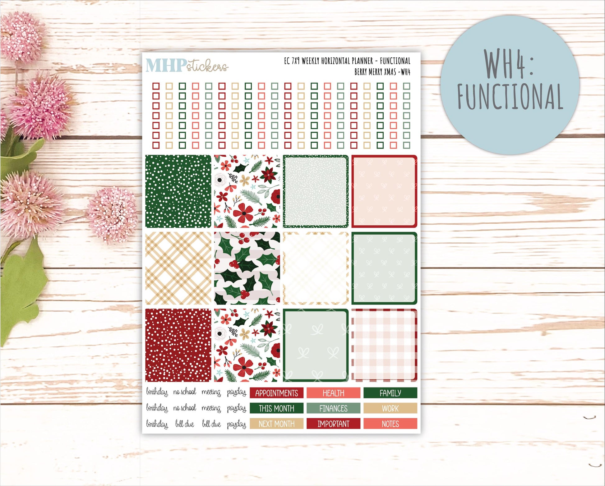 DECEMBER Weekly Horizontal Planning Kit for 7x9 Erin Condren Planners. "Berry Merry Xmas" || ECWH