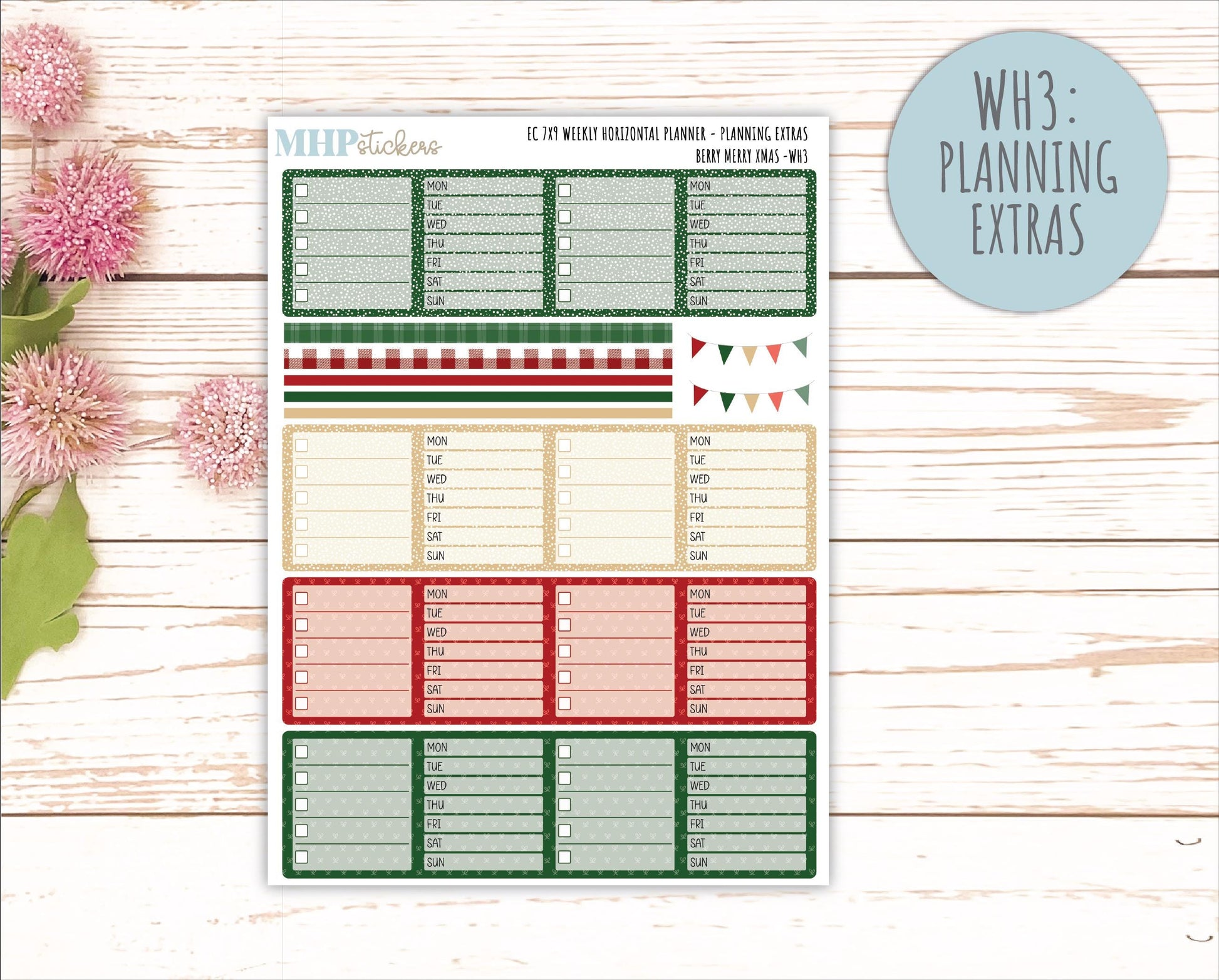 DECEMBER Weekly Horizontal Planning Kit for 7x9 Erin Condren Planners. "Berry Merry Xmas" || ECWH