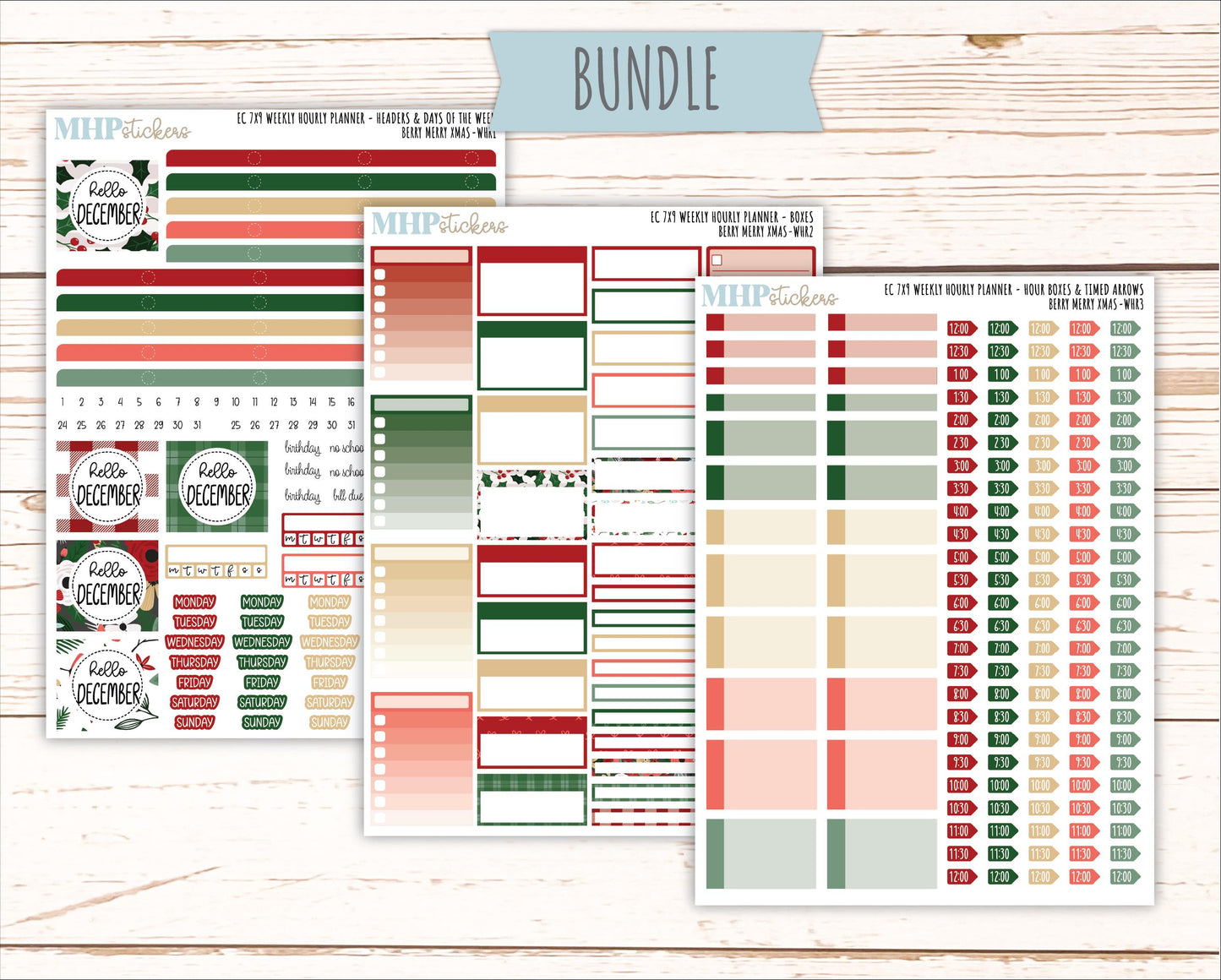 DECEMBER Weekly Hourly Planning Kits for 7x9 Erin Condren Planners. "Berry Merry Xmas" || ECWHR