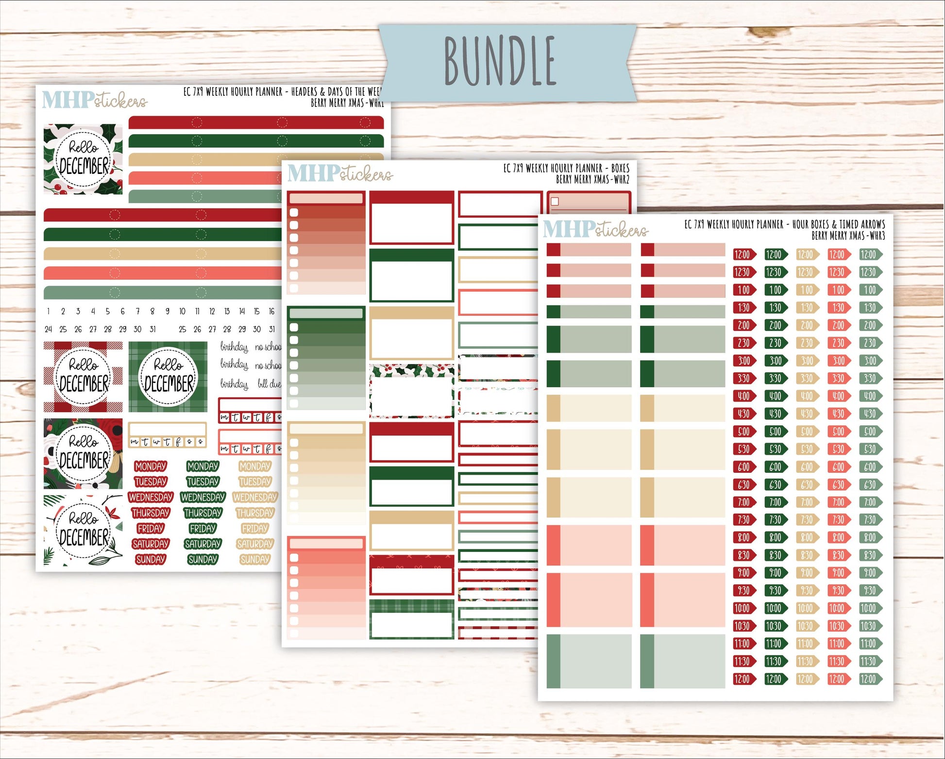 DECEMBER Weekly Hourly Planning Kits for 7x9 Erin Condren Planners. "Berry Merry Xmas" || ECWHR