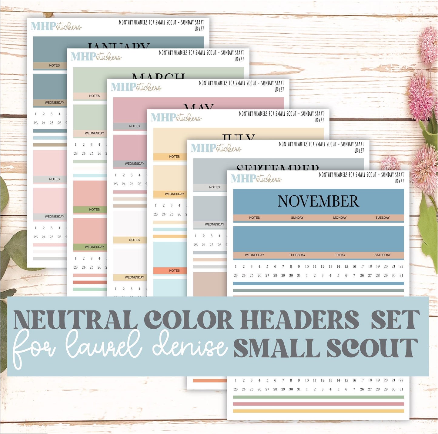 Neutral Color Monthly Headers Set for the Small Scout Laurel Denise Planners || LD427