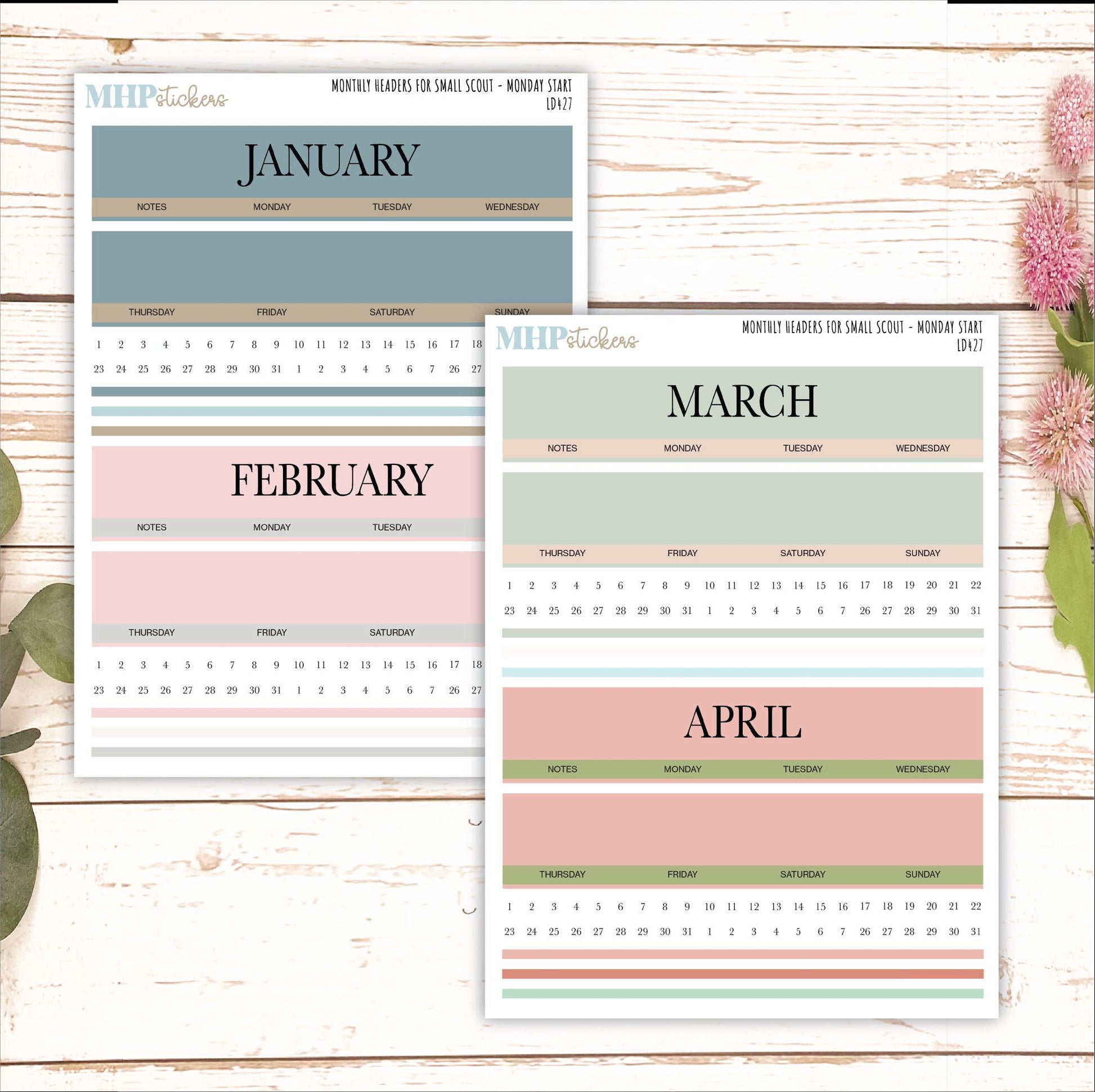 Neutral Color Monthly Headers Set for the Small Scout Laurel Denise Planners || LD427