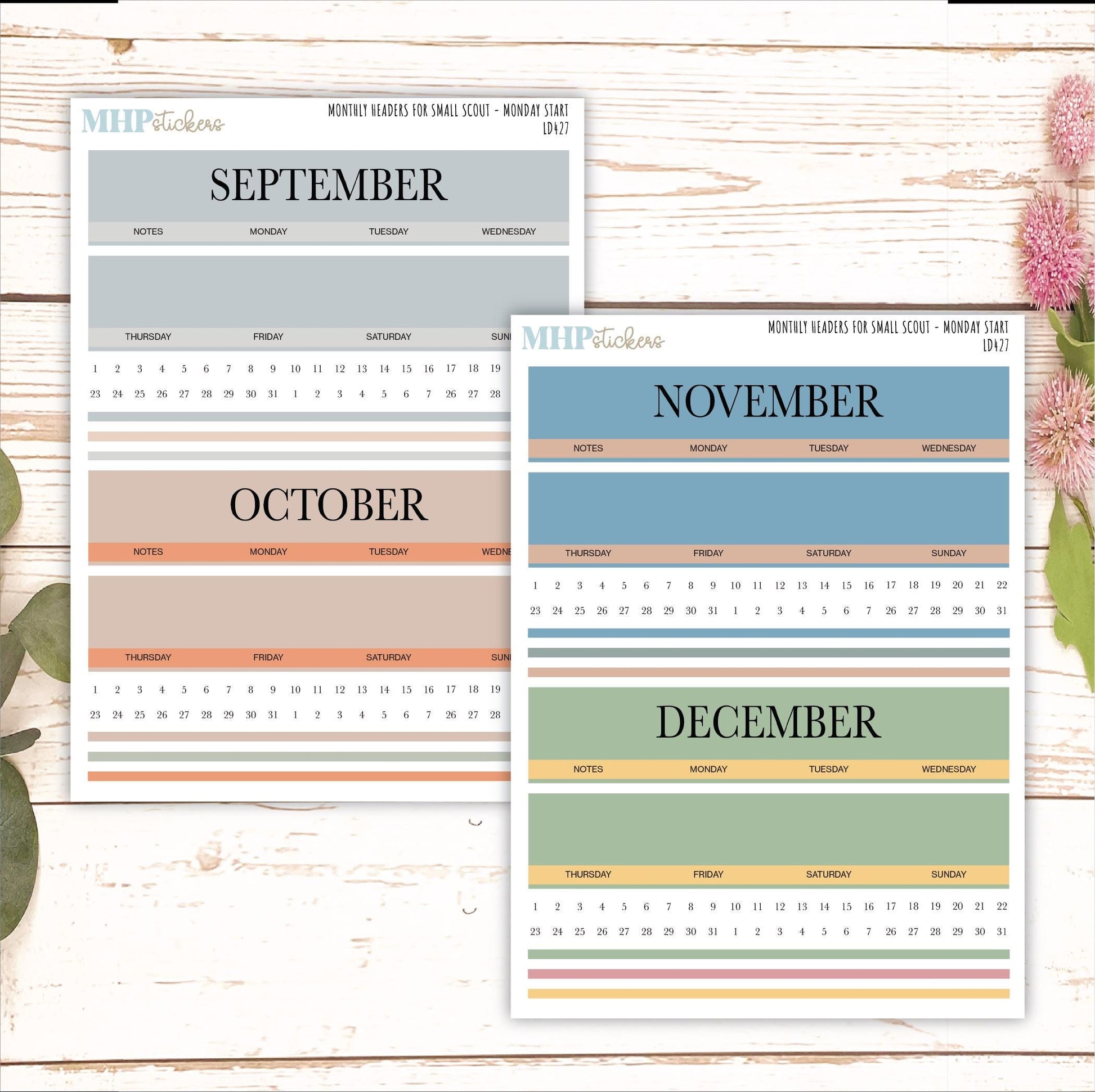 Neutral Color Monthly Headers Set for the Small Scout Laurel Denise Planners || LD427