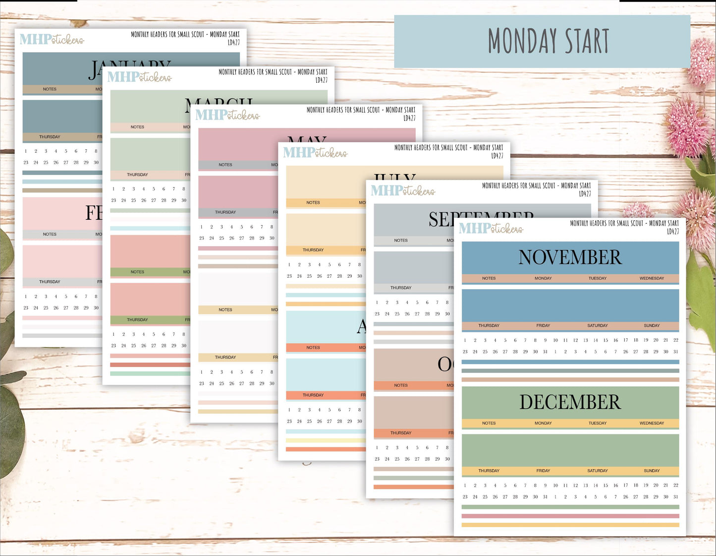 Neutral Color Monthly Headers Set for the Small Scout Laurel Denise Planners || LD427