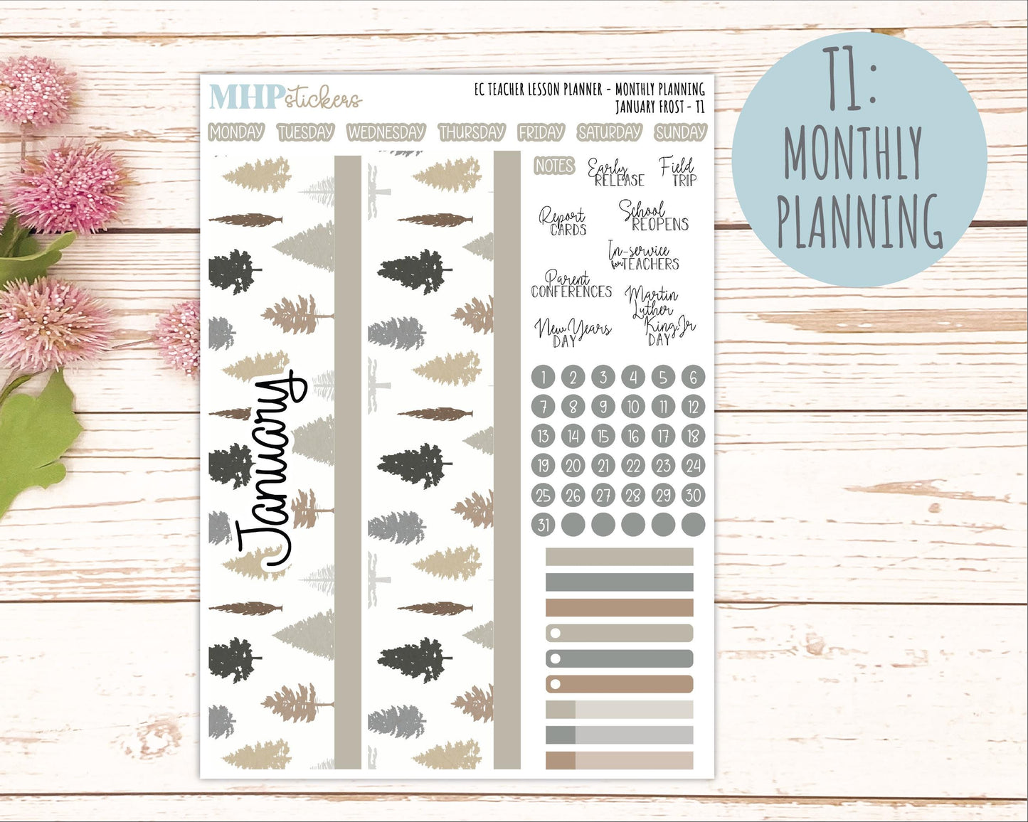 JANUARY Stickers for EC Teacher Lesson Planner. 2025 Collection "Winter Frost" || ECT