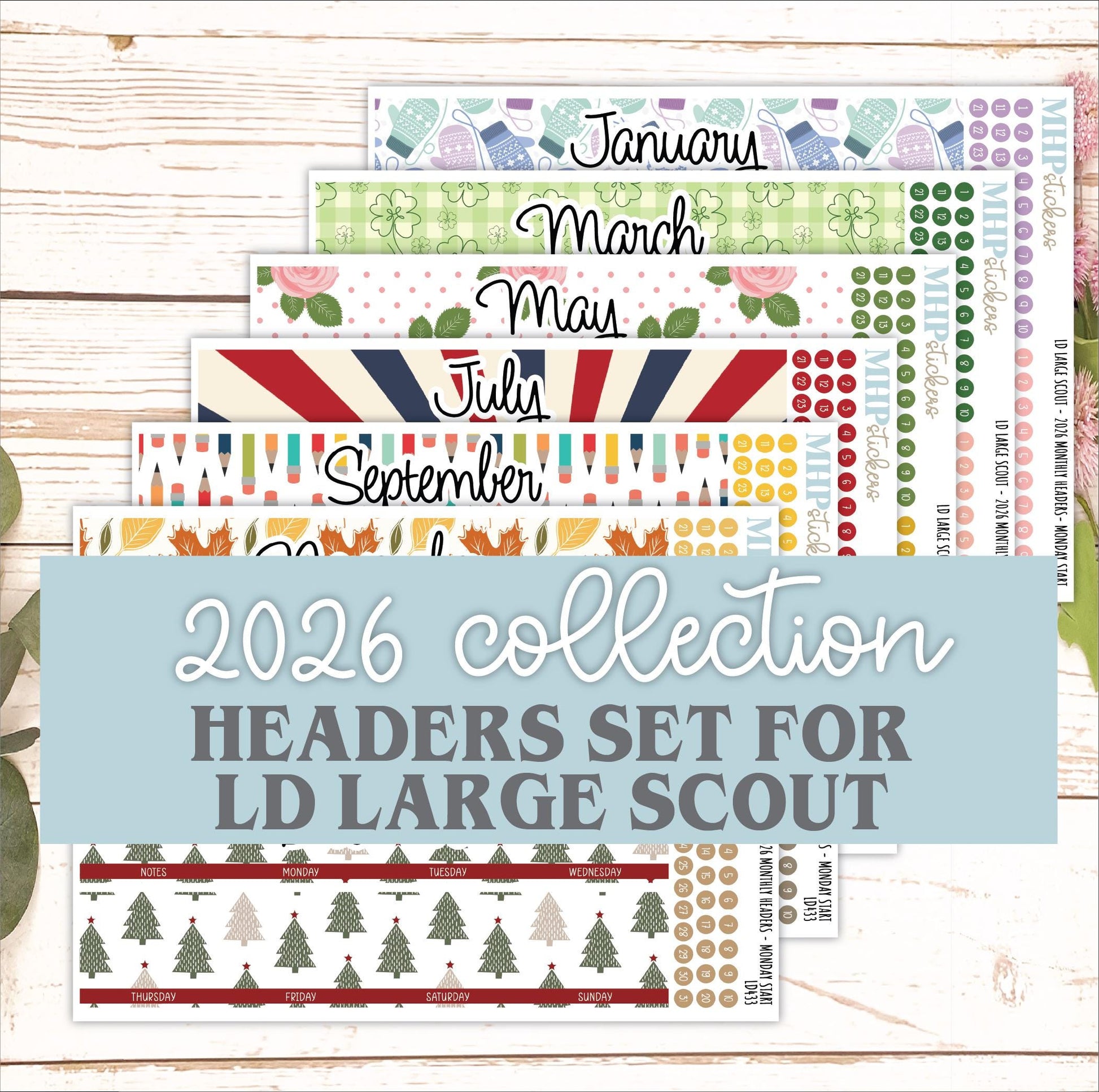 2026 Monthly Headers Set for Large Scout Planner (Portrait Planner). Laurel Denise Planners || LD433