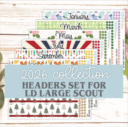 2026 Monthly Headers Set for Large Scout Planner (Portrait Planner). Laurel Denise Planners || LD433