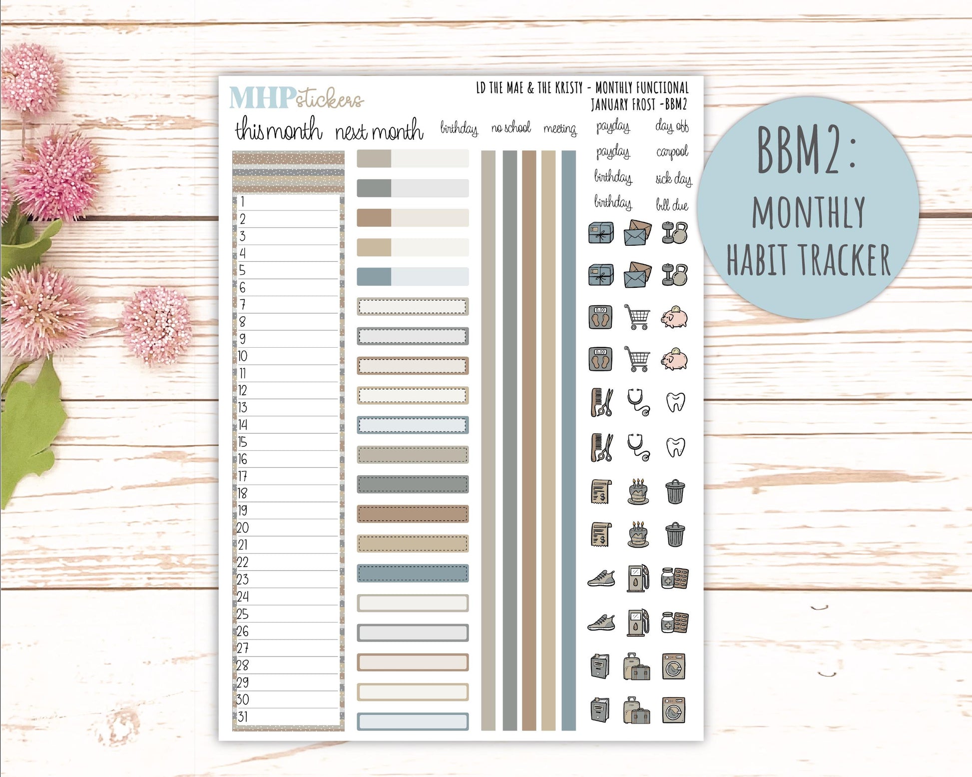 JANUARY 2026 Stickers for the Mae & Kristy Laurel Denise Planners (Book Bound Planner) "January Frost" || BB