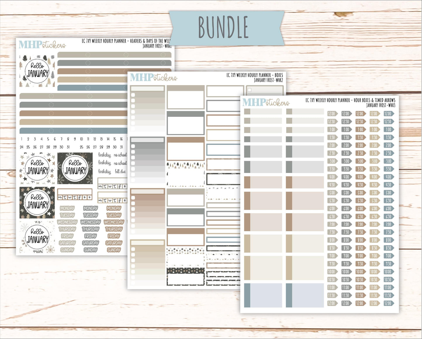 JANUARY Weekly Hourly Planning Kits for 7x9 Erin Condren Planners. 2026 Collection "January Frost" || ECWHR