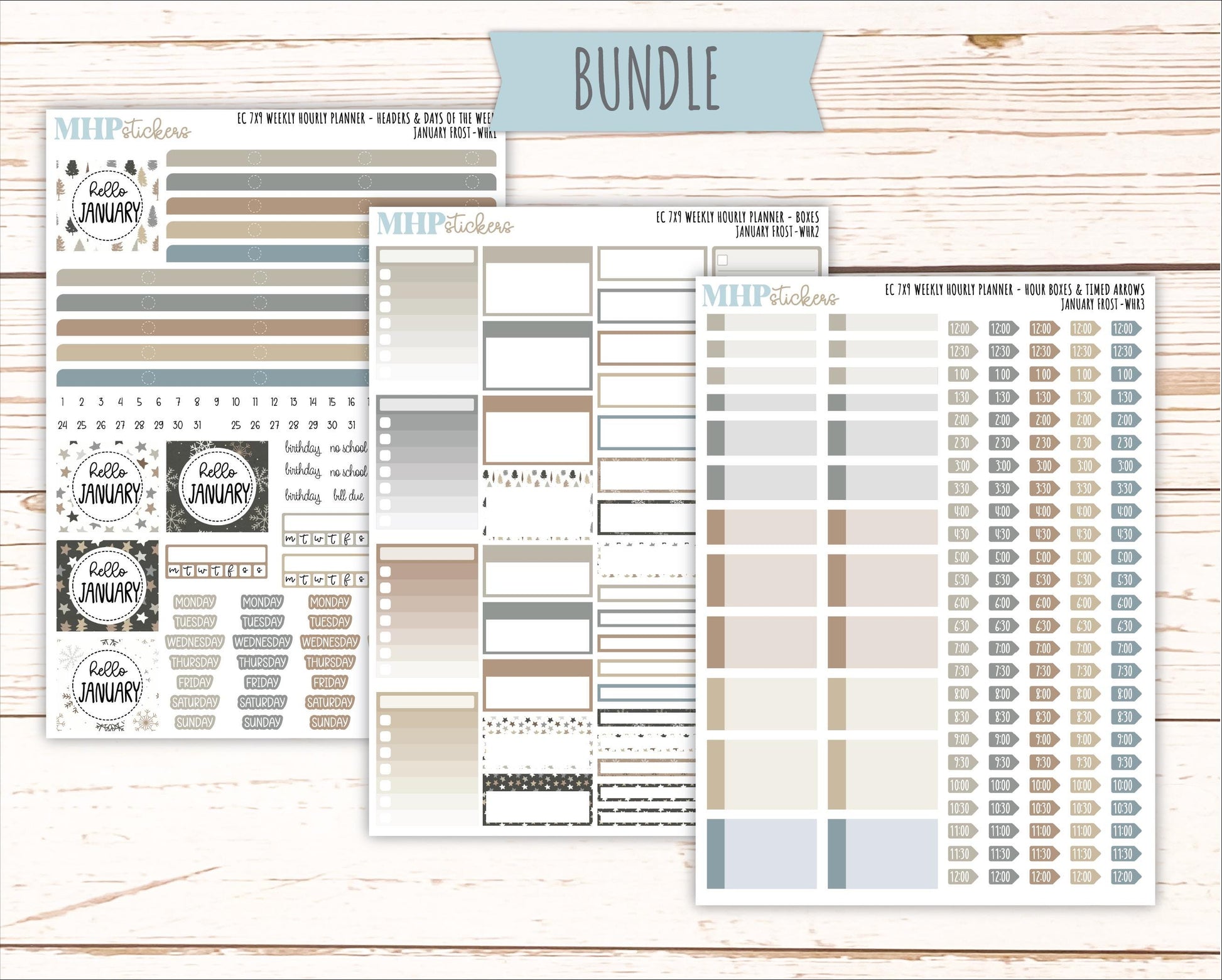 JANUARY Weekly Hourly Planning Kits for 7x9 Erin Condren Planners. 2026 Collection "January Frost" || ECWHR