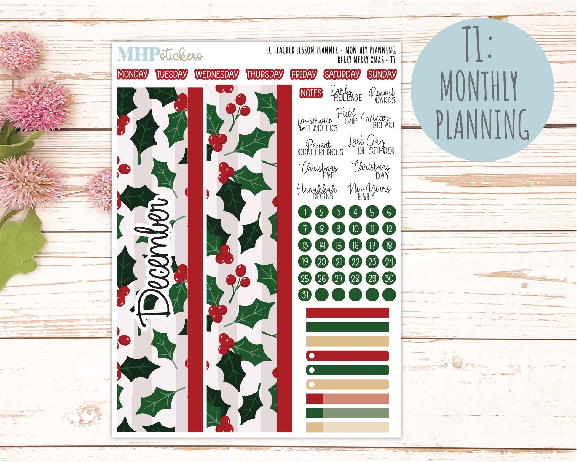 DECEMBER Stickers for EC Teacher Lesson Planner. 2025 Collection "Berry Merry Xmas" || ECT