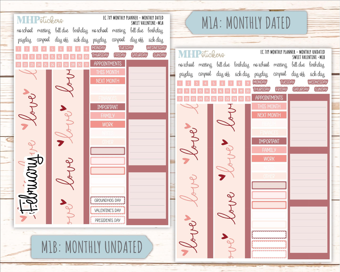 FEBRUARY Monthly Kit for 7x9 Erin Condren Planners. 2026 Collection "Sweet Valentine" || ECM