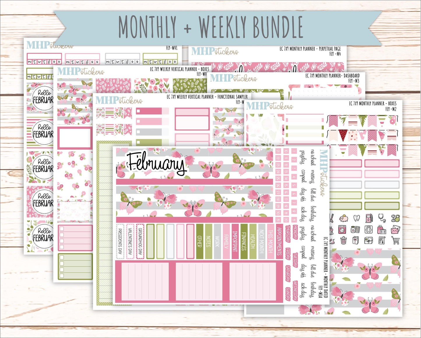 FEBRUARY Weekly Vertical Kits for 7x9 Erin Condren Planners. 2026 Collection "Fly" || ECWV