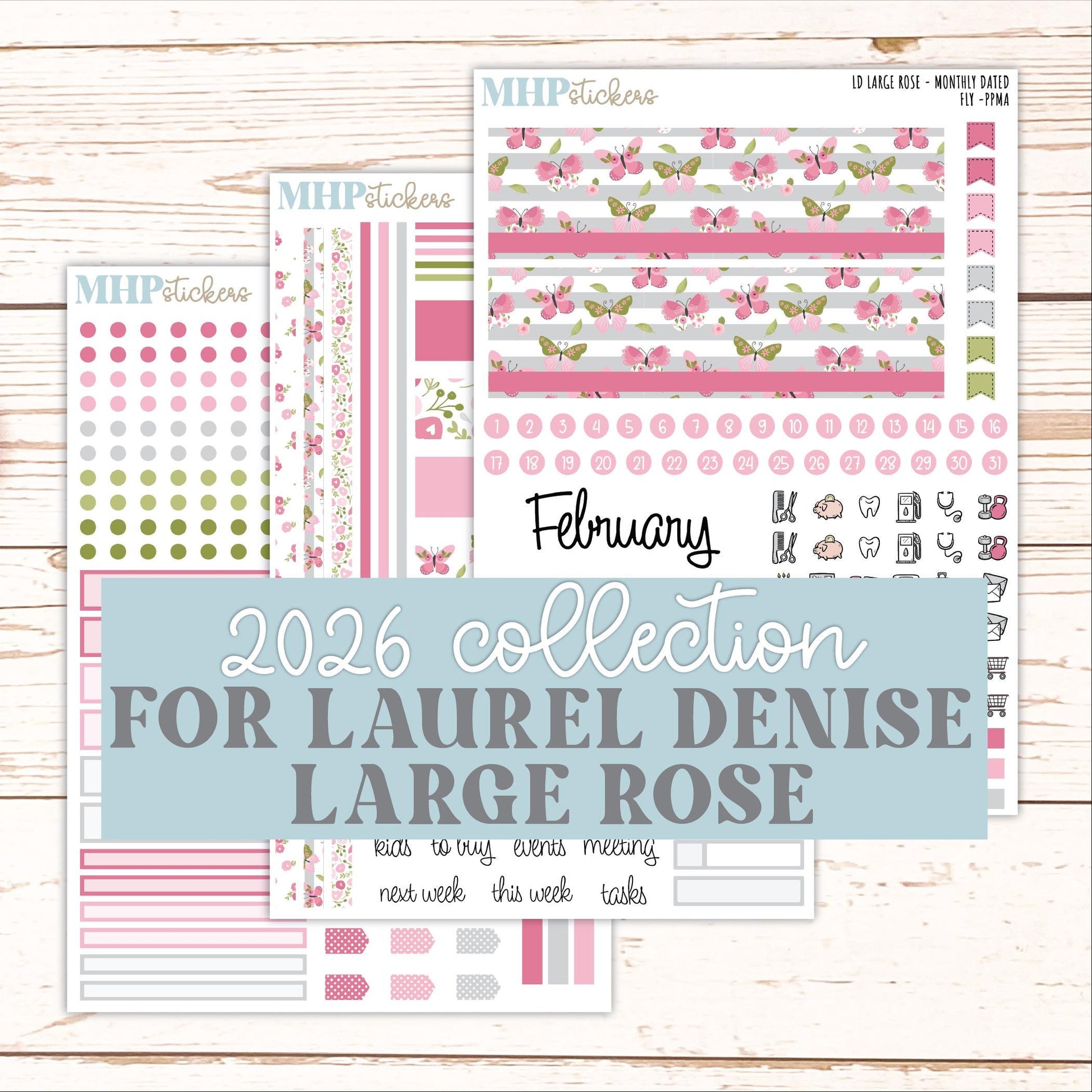 FEBRUARY 2026 Stickers for the Large Rose Planner (Formerly Project Planner). Laurel Denise. "Fly" || PP