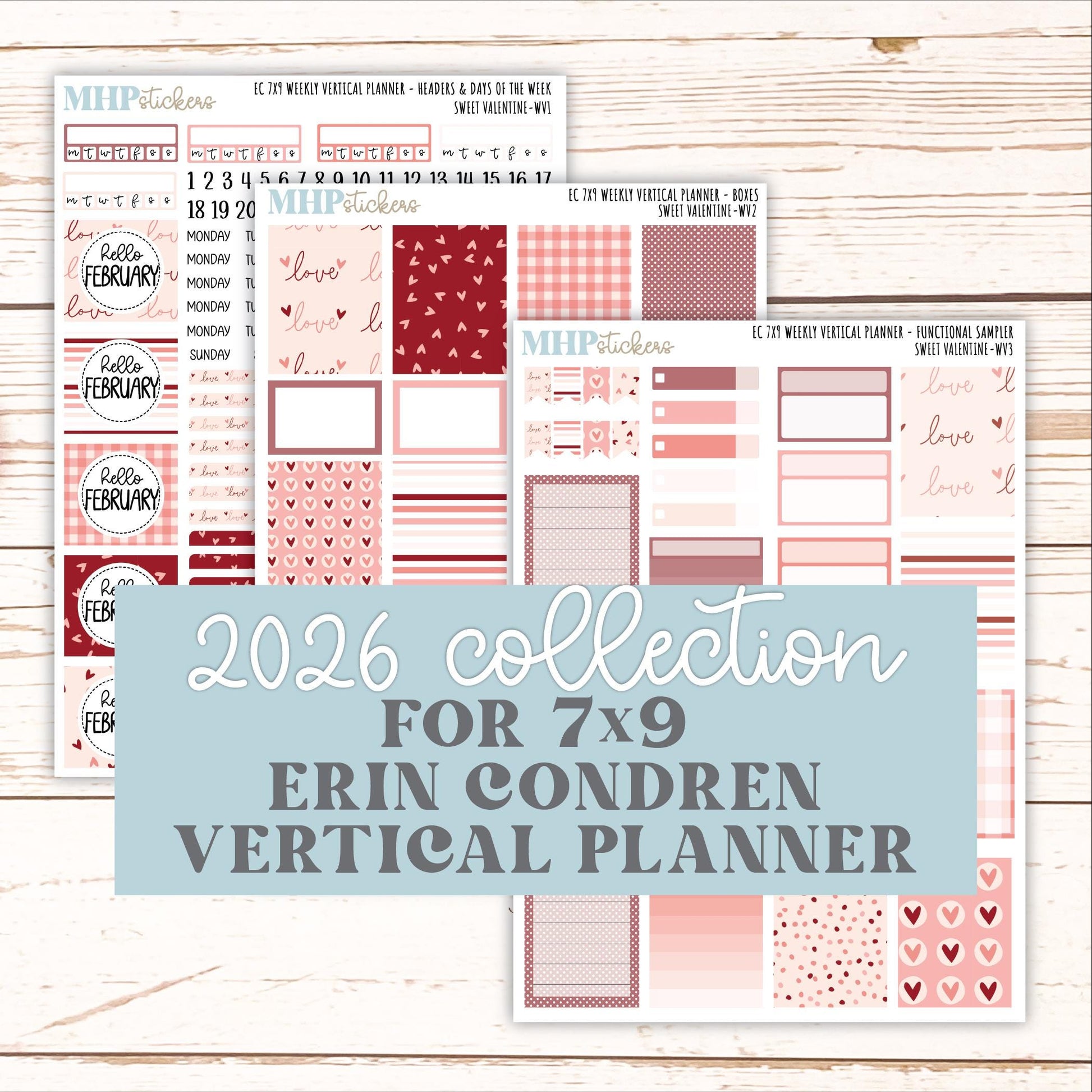 FEBRUARY Weekly Vertical Kits for 7x9 Erin Condren Planners. 2026 Collection "Sweet Valentine" || ECWV