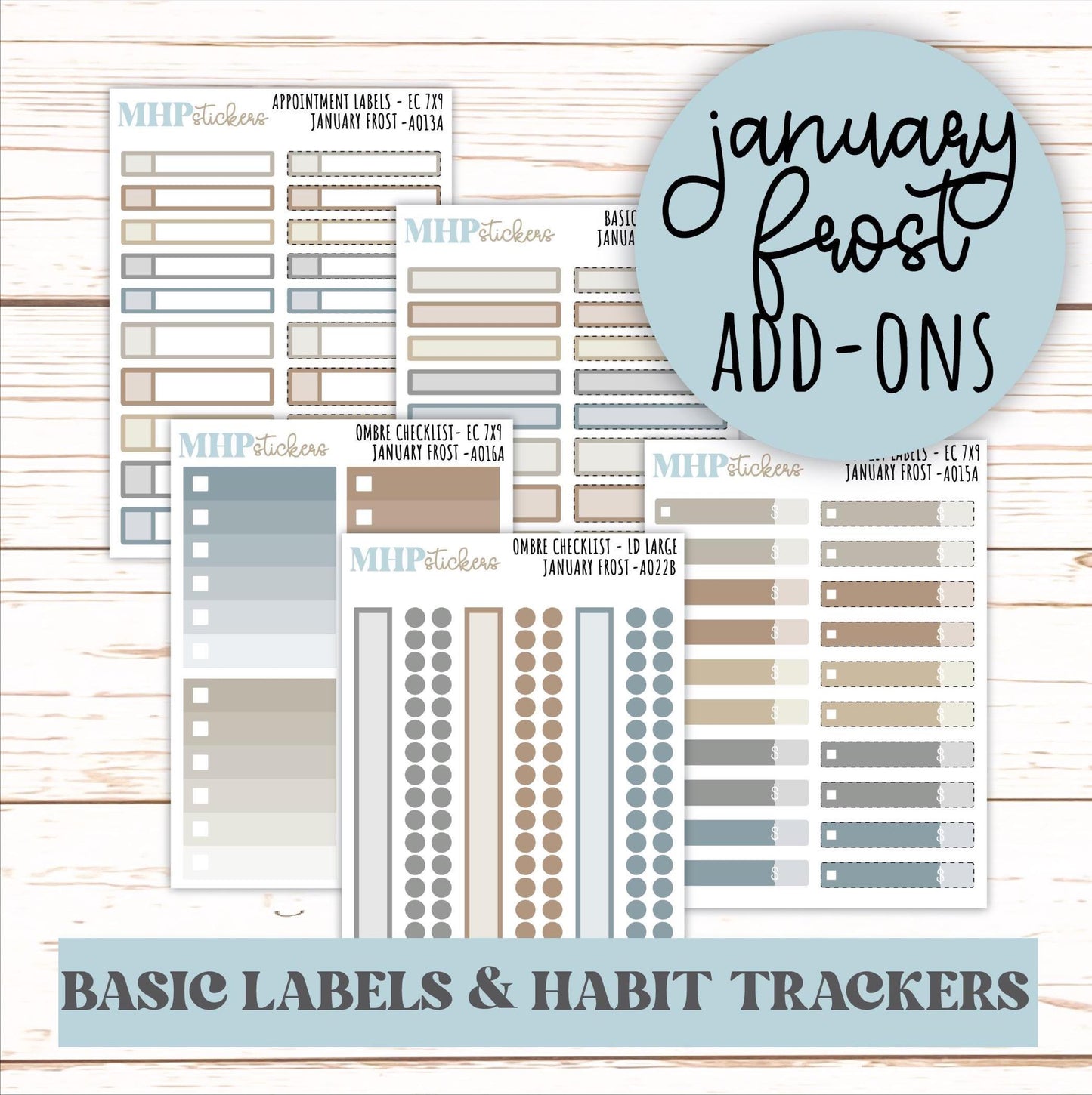 Basic Labels & Habit Trackers. ADD-Ons for Monthly Kits "January Frost" ||AOJF