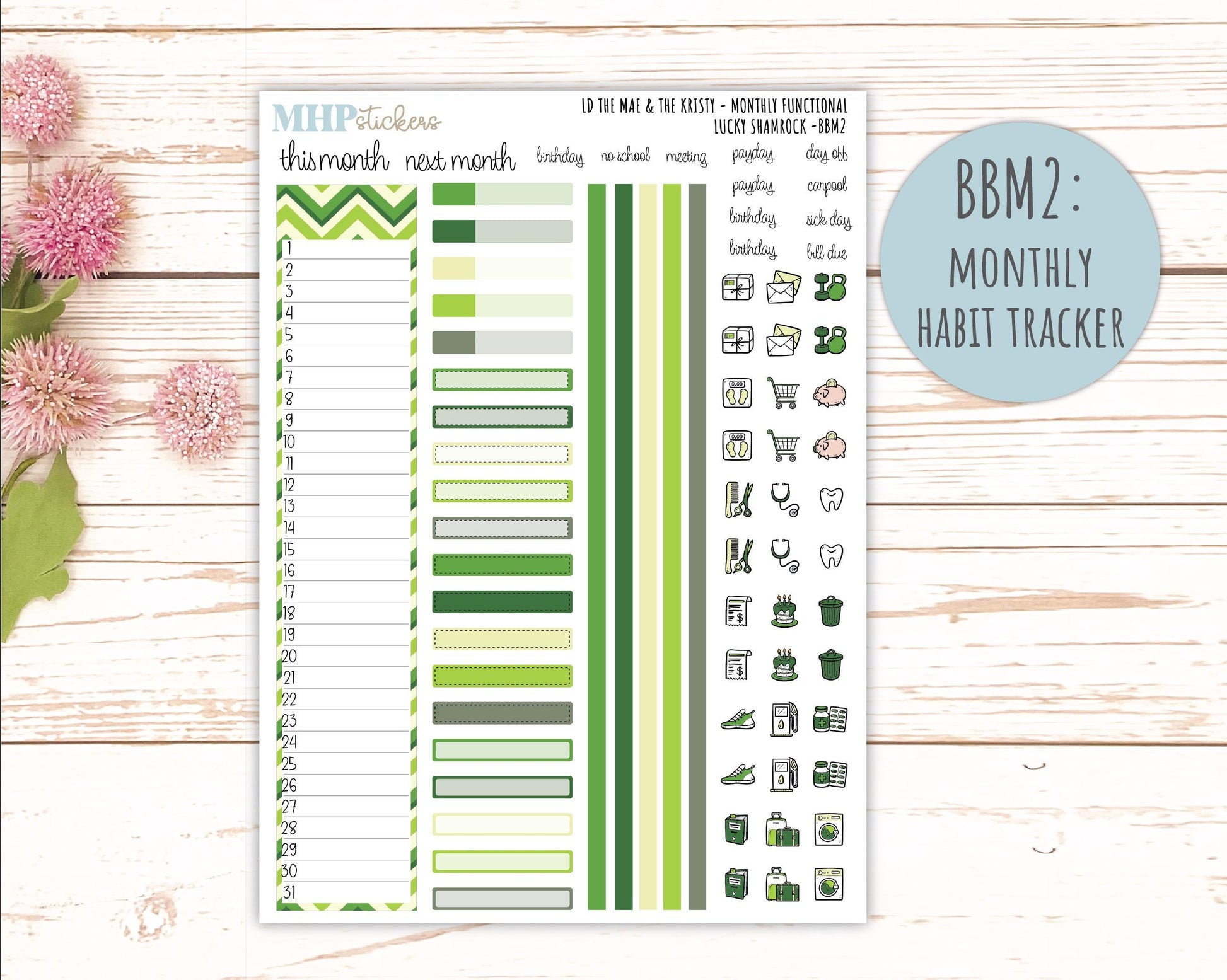 MARCH 2026 Stickers for the Mae & Kristy Laurel Denise Planners (Book Bound Planner) "Lucky Shamrock" || BB