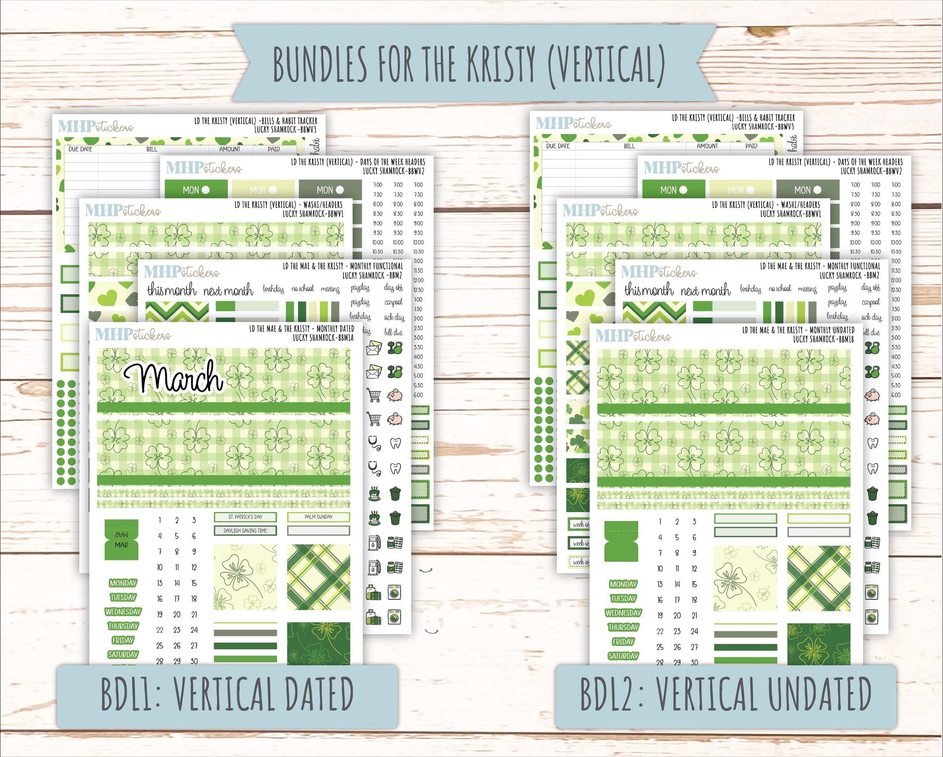 MARCH 2026 Stickers for the Mae & Kristy Laurel Denise Planners (Book Bound Planner) "Lucky Shamrock" || BB
