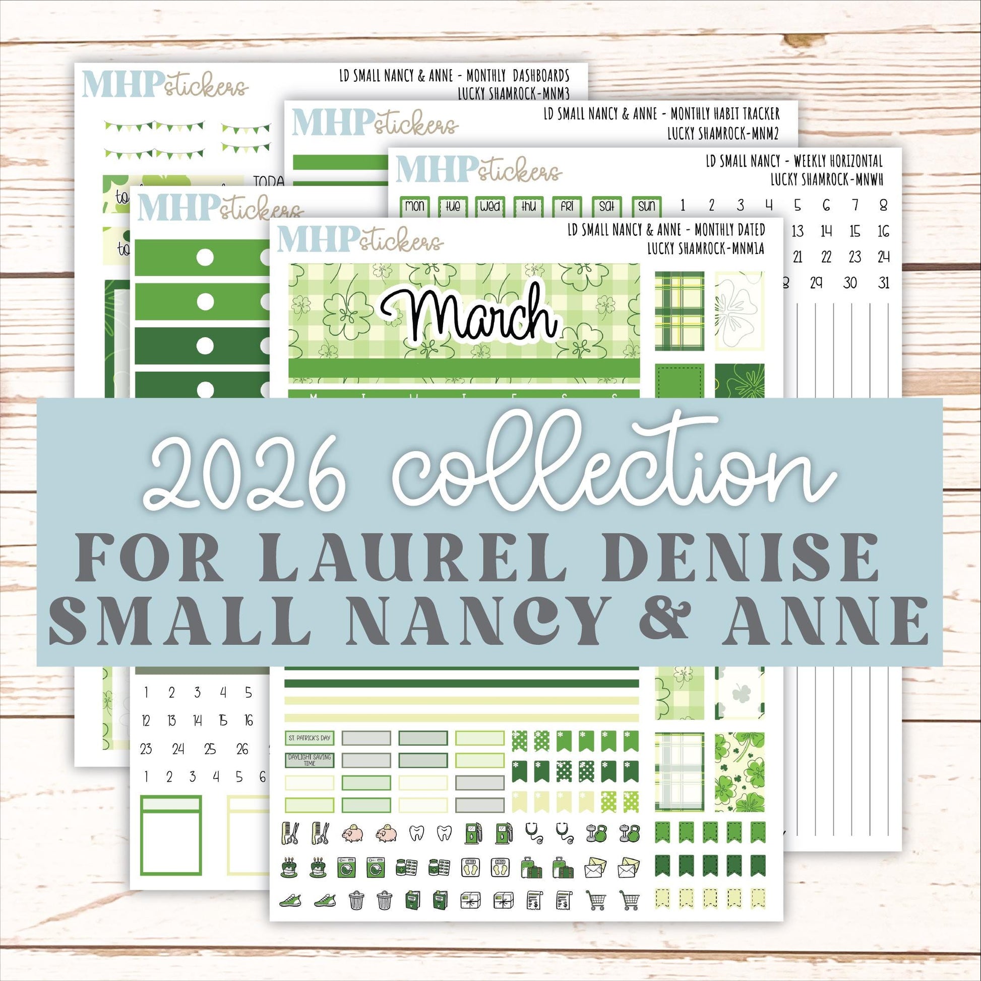 MARCH 2026 Stickers for Small Nancy & Anne Laurel Denise Planners. (Formerly Mini Planner) "Lucky Shamrock" || MN