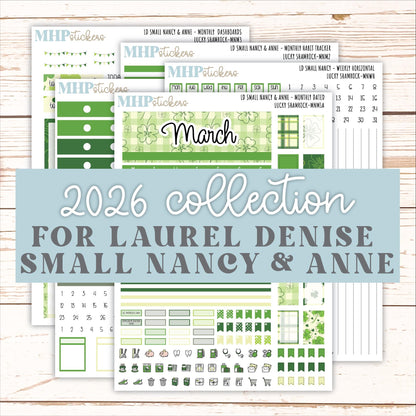 MARCH 2026 Stickers for Small Nancy & Anne Laurel Denise Planners. (Formerly Mini Planner) "Lucky Shamrock" || MN