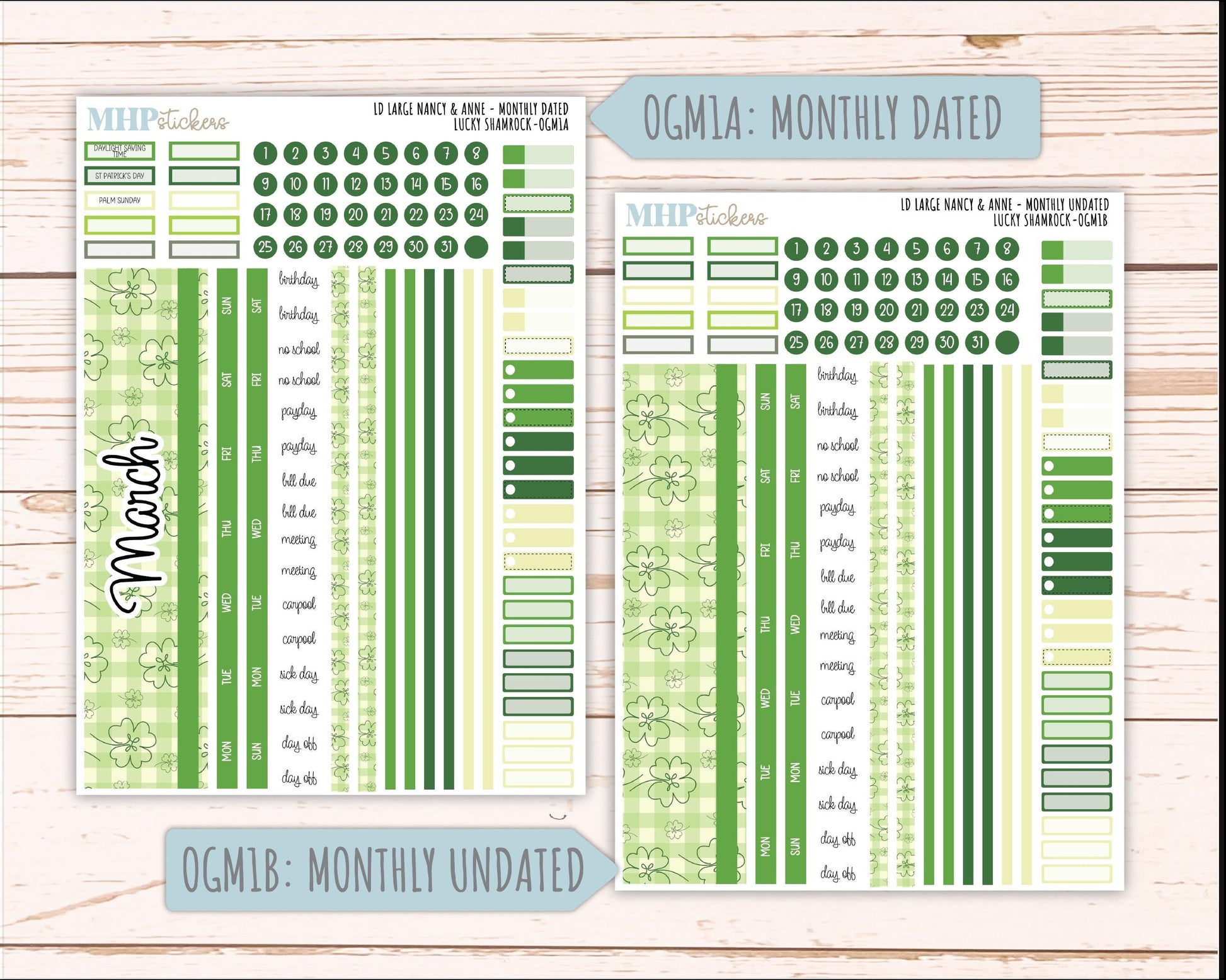 MARCH 2026 Stickers for Large Nancy & Anne Planners (Formerly Original Size). For Laurel Denise Planners. "Lucky Shamrock" || OG
