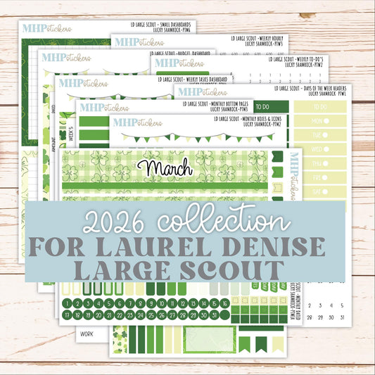 MARCH 2026 Stickers for the Large Scout Planner (formerly Portrait Planner). For Laurel Denise Planners "Lucky Shamrock" ||PT