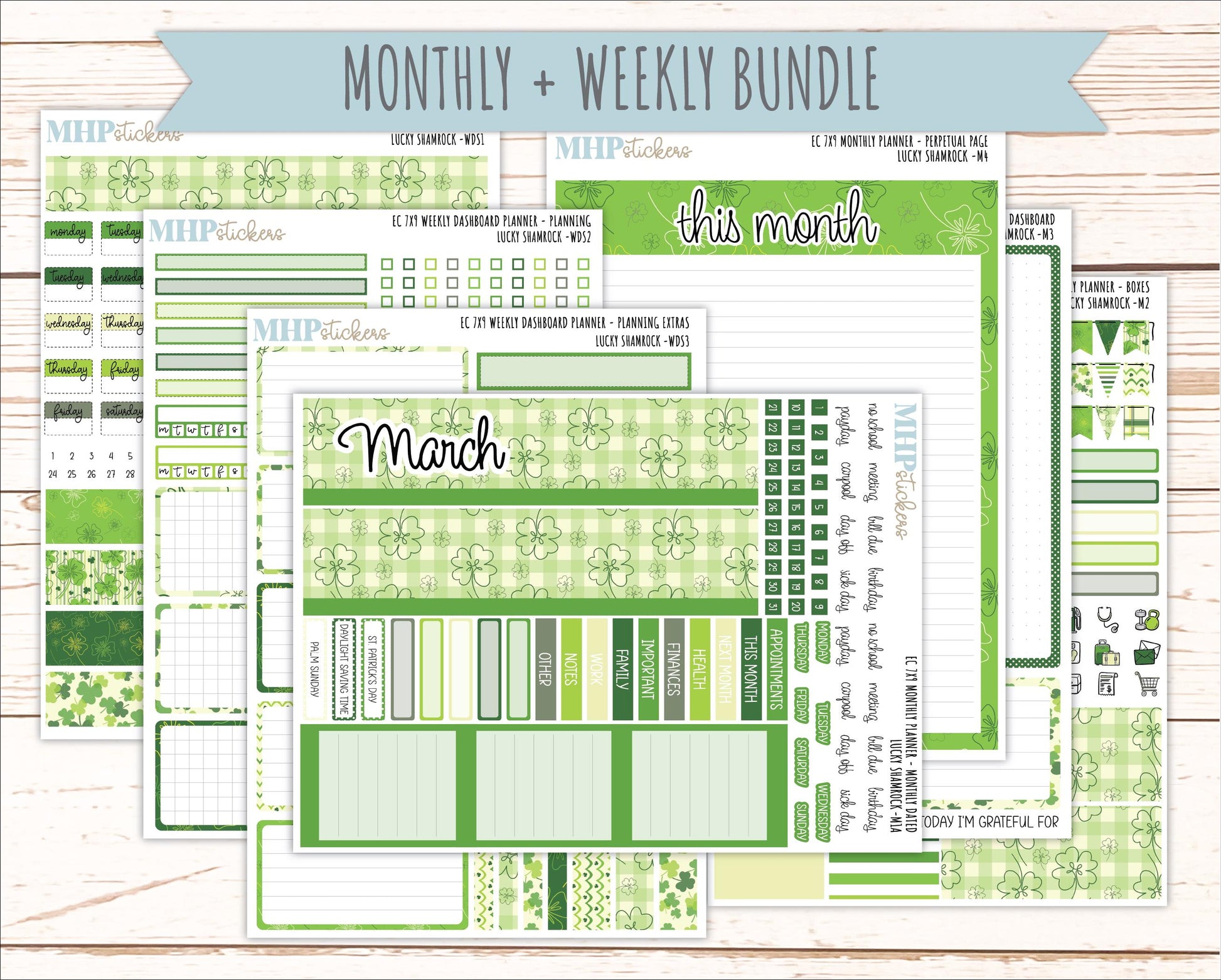 MARCH Weekly Dashboard Kit for 7x9 Erin Condren Planners. 2026 Collection "Lucky Shamrock" || ECWDS