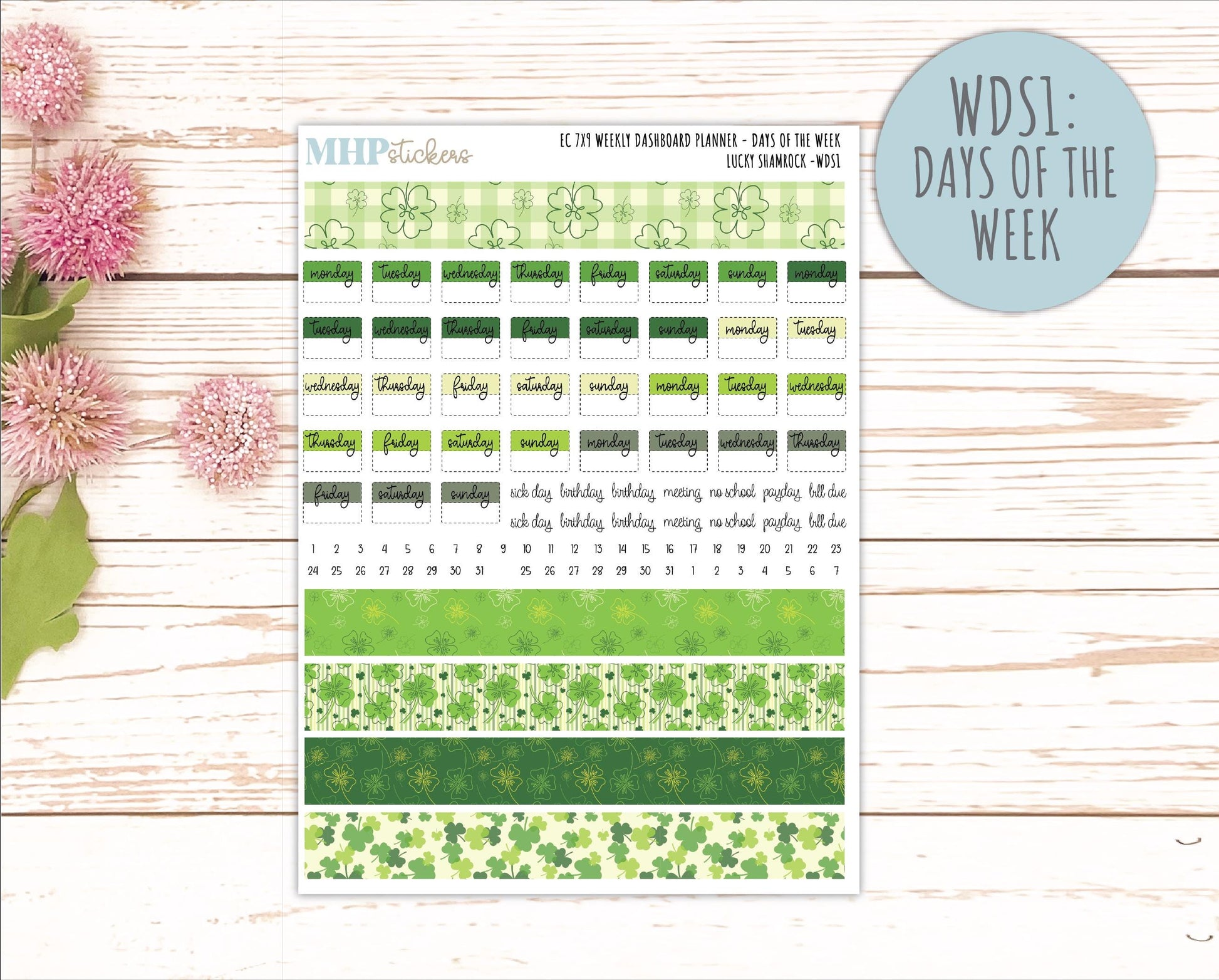 MARCH Weekly Dashboard Kit for 7x9 Erin Condren Planners. 2026 Collection "Lucky Shamrock" || ECWDS