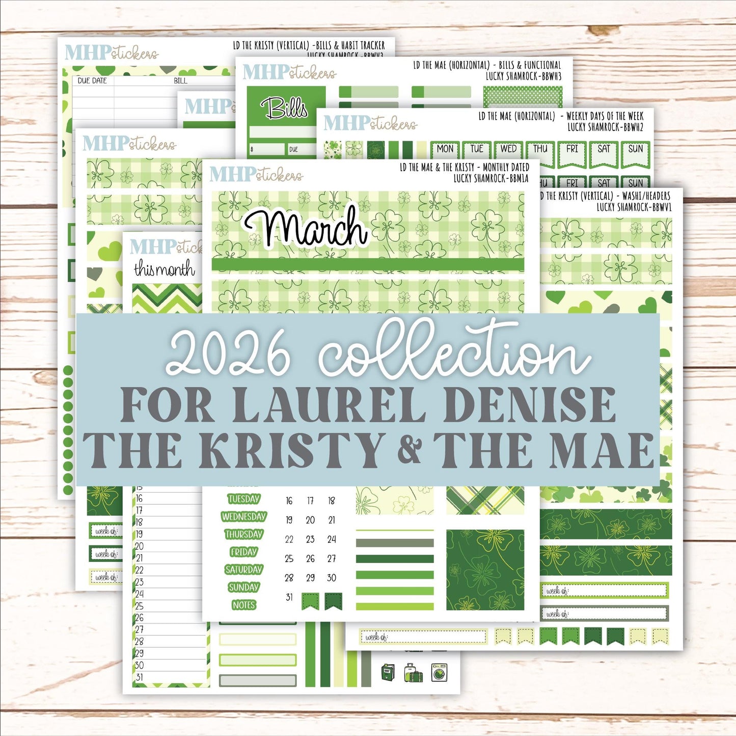 MARCH 2026 Stickers for the Mae & Kristy Laurel Denise Planners (Book Bound Planner) "Lucky Shamrock" || BB