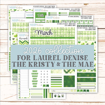 MARCH 2026 Stickers for the Mae & Kristy Laurel Denise Planners (Book Bound Planner) "Lucky Shamrock" || BB