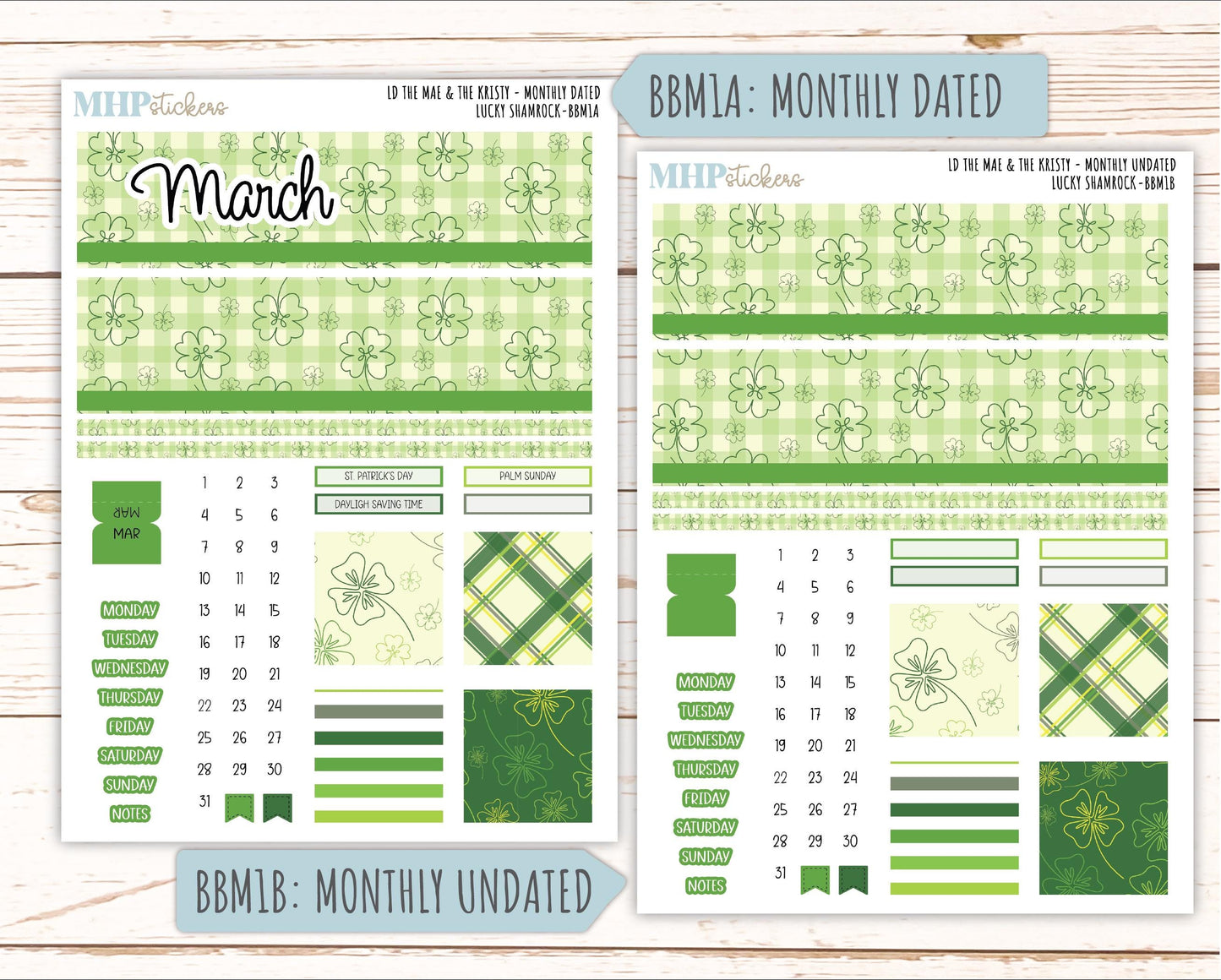 MARCH 2026 Stickers for the Mae & Kristy Laurel Denise Planners (Book Bound Planner) "Lucky Shamrock" || BB
