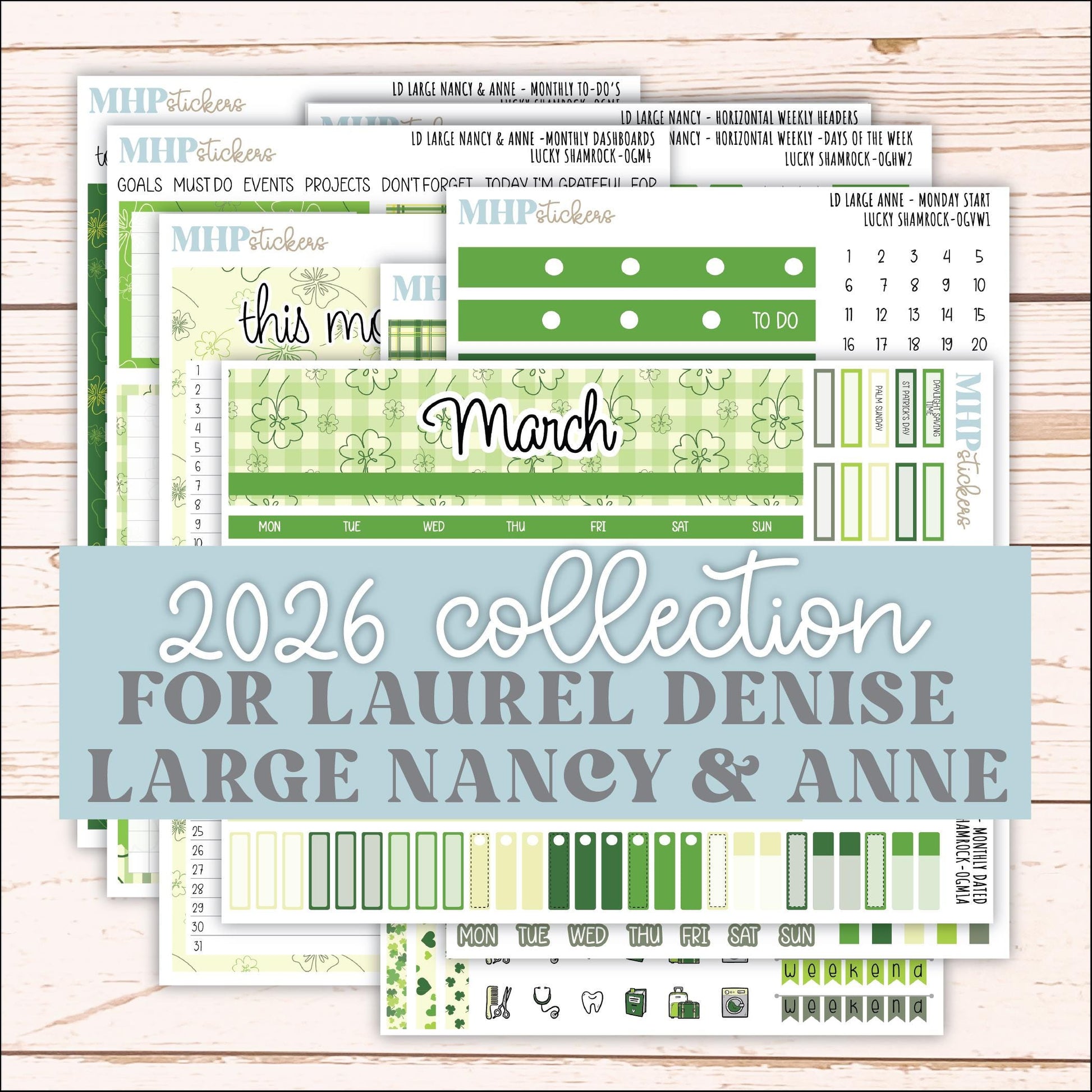 MARCH 2026 Stickers for Large Nancy & Anne Planners (Formerly Original Size). For Laurel Denise Planners. "Lucky Shamrock" || OG