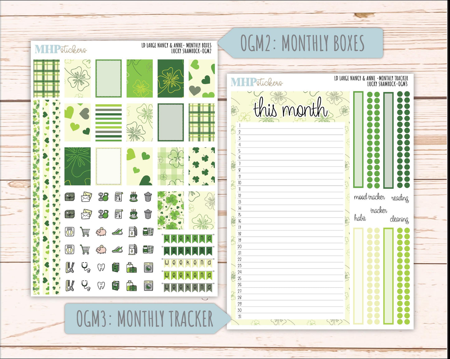 MARCH 2026 Stickers for Large Nancy & Anne Planners (Formerly Original Size). For Laurel Denise Planners. "Lucky Shamrock" || OG