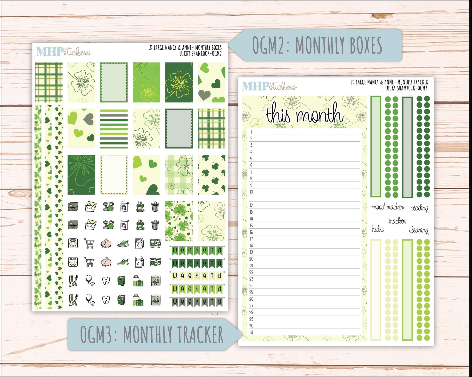 MARCH 2026 Stickers for Large Nancy & Anne Planners (Formerly Original Size). For Laurel Denise Planners. "Lucky Shamrock" || OG