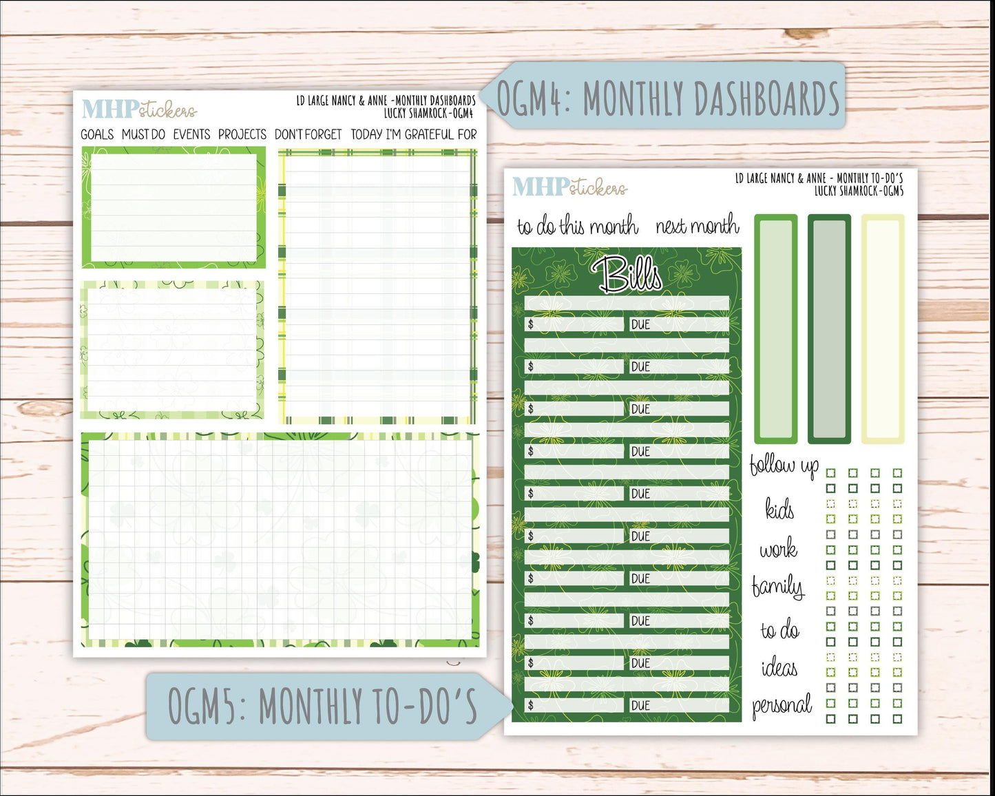 MARCH 2026 Stickers for Large Nancy & Anne Planners (Formerly Original Size). For Laurel Denise Planners. "Lucky Shamrock" || OG