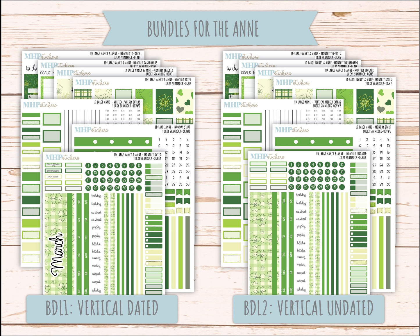 MARCH 2026 Stickers for Large Nancy & Anne Planners (Formerly Original Size). For Laurel Denise Planners. "Lucky Shamrock" || OG