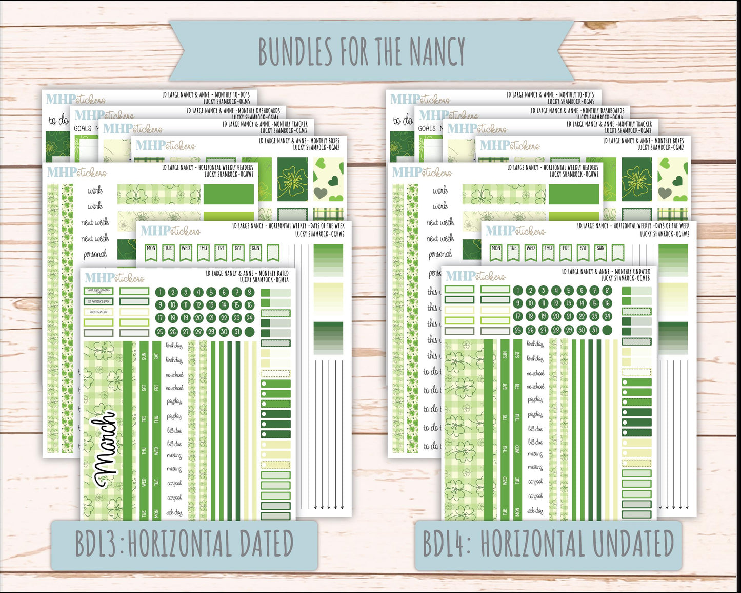 MARCH 2026 Stickers for Large Nancy & Anne Planners (Formerly Original Size). For Laurel Denise Planners. "Lucky Shamrock" || OG