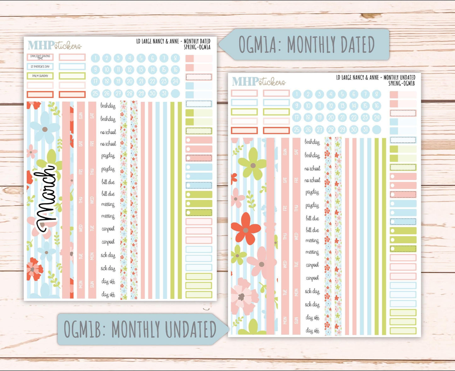 MARCH 2026 Stickers for Large Nancy & Anne Planners (Formerly Original Size). For Laurel Denise Planners. "Spring" || OG