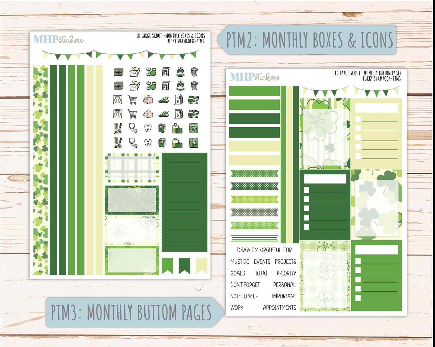 MARCH 2026 Stickers for the Large Scout Planner (formerly Portrait Planner). For Laurel Denise Planners "Lucky Shamrock" ||PT