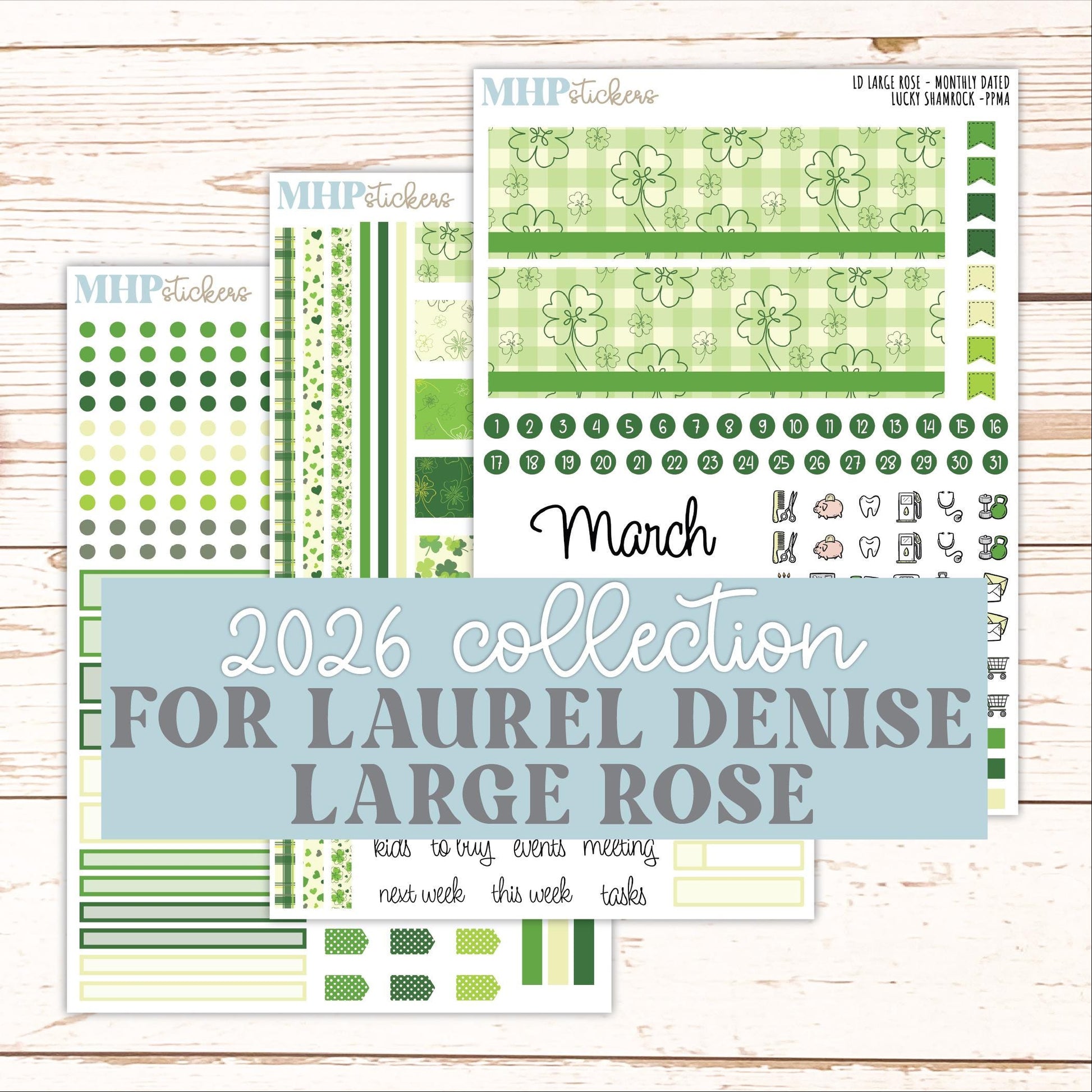 MARCH 2026 Stickers for the Large Rose Planner (Formerly Project Planner). Laurel Denise. "Lucky Shamrock" || PP