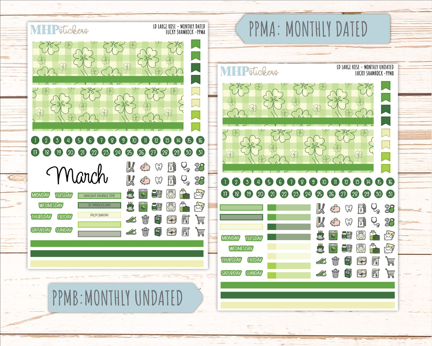 MARCH 2026 Stickers for the Large Rose Planner (Formerly Project Planner). Laurel Denise. "Lucky Shamrock" || PP
