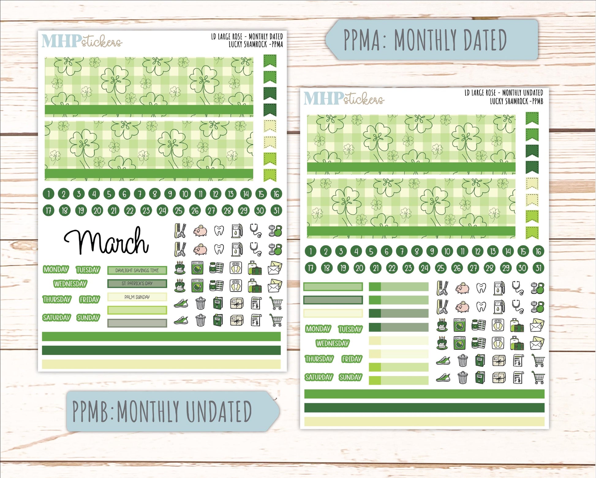 MARCH 2026 Stickers for the Large Rose Planner (Formerly Project Planner). Laurel Denise. "Lucky Shamrock" || PP