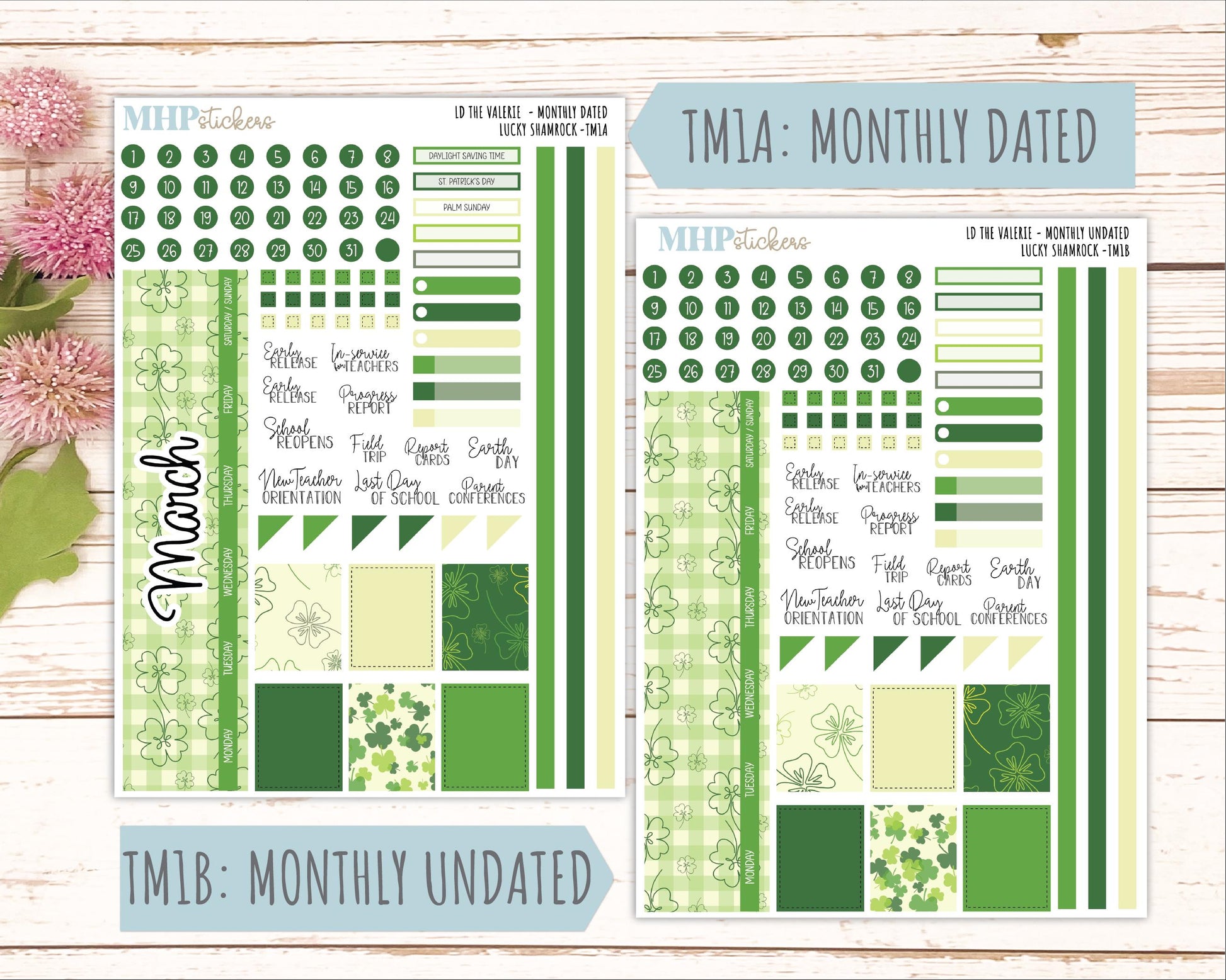 MARCH Stickers for The Valerie Laurel Denise Planner (Formerly Teacher Planner) "Lucky Shamrock" || TC