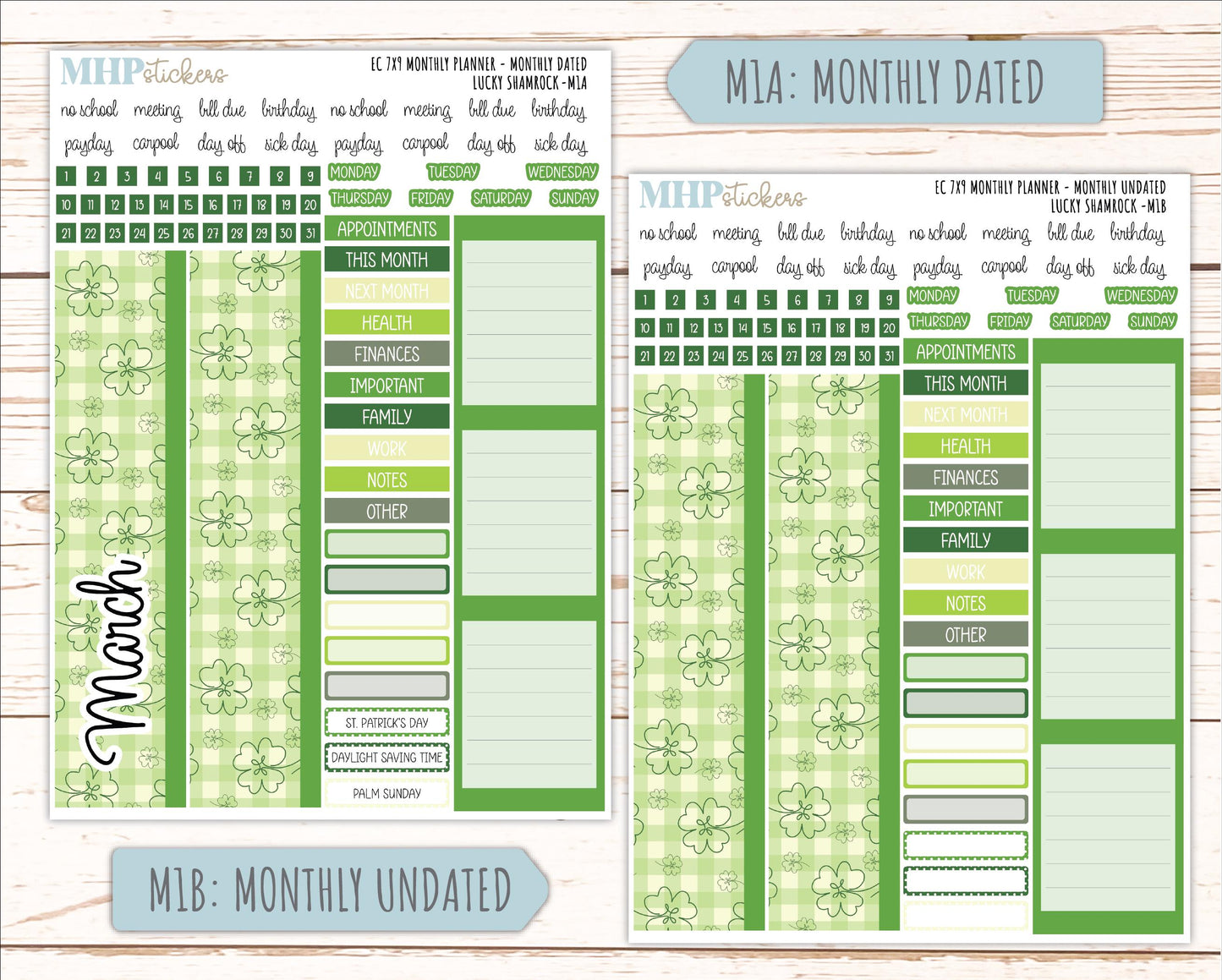 MARCH Monthly Kit for 7x9 Erin Condren Planners. 2026 Collection "Lucky Shamrock" || ECM