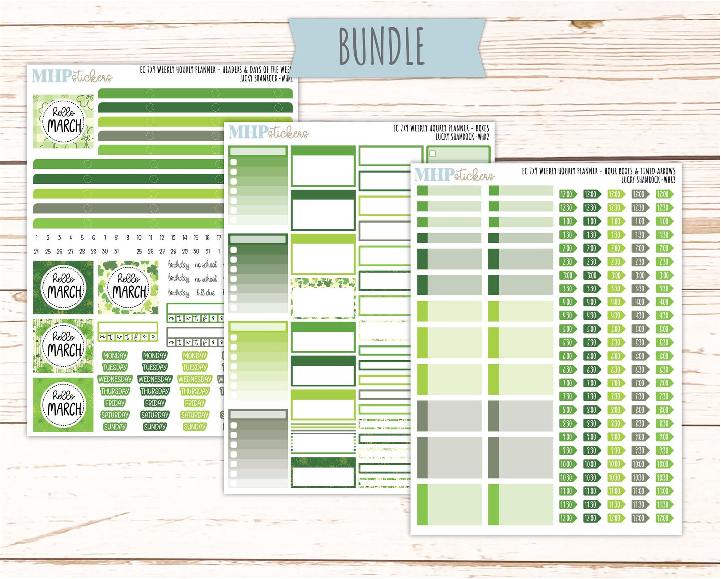 MARCH Weekly Hourly Planning Kits for 7x9 Erin Condren Planners. 2026 Collection "Lucky Shamrock" || ECWHR